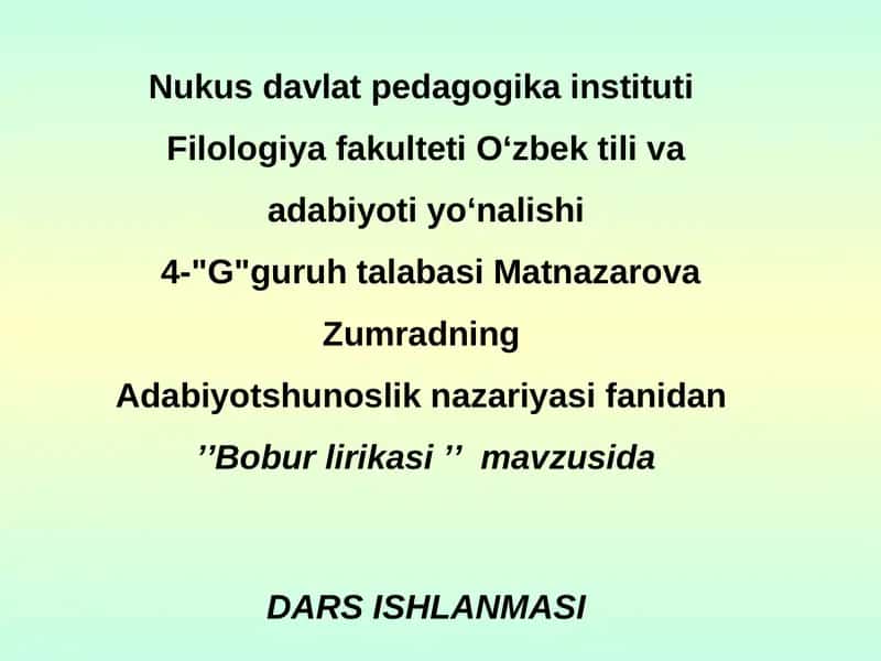 Bobur lirikasi DARSISHLANMASI