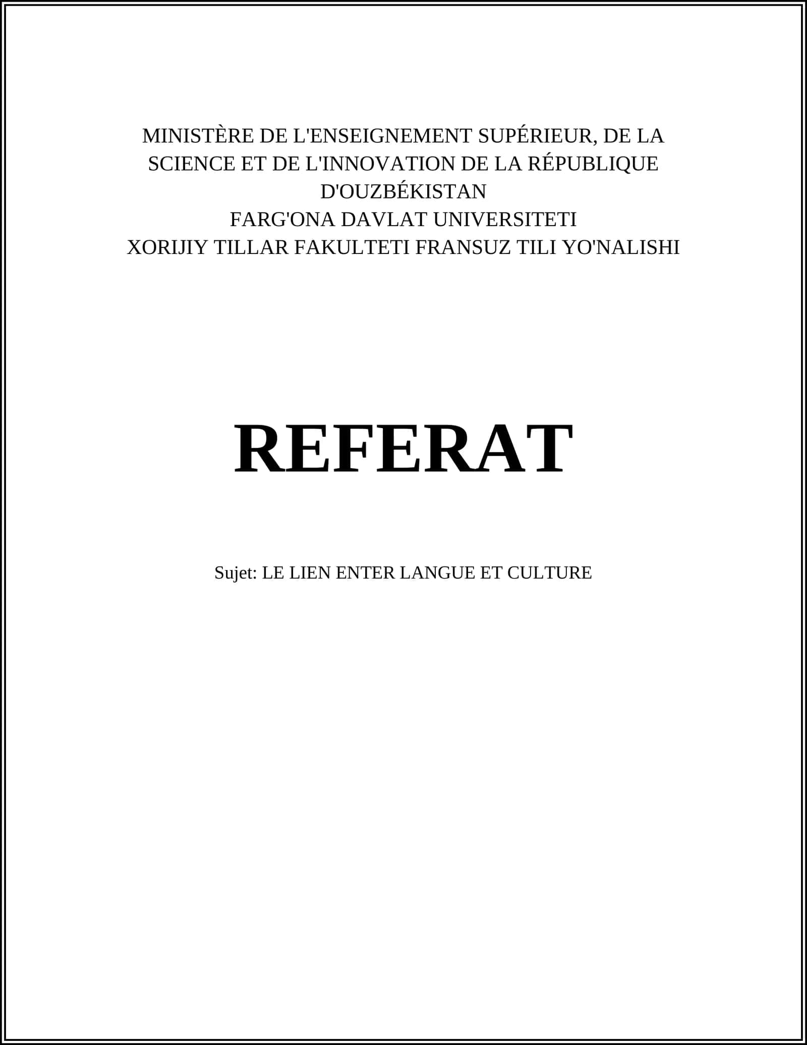 REFERAT: LE LIEN ENTER LANGUE ET CULTURE
