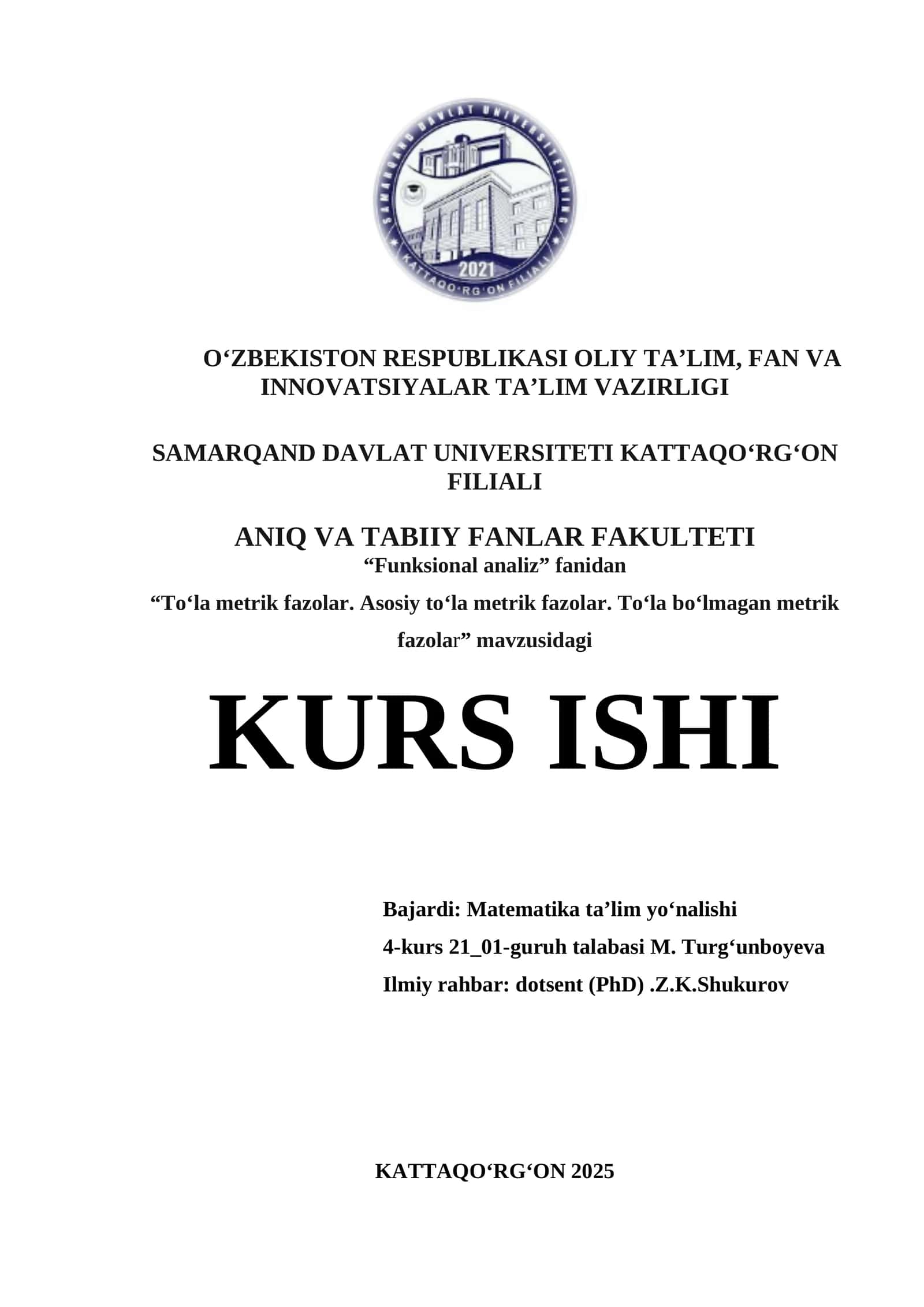To‘la metrik fazolar. Asosiy to‘la metrik fazolar. To‘la bo‘lmagan metrik fazolar