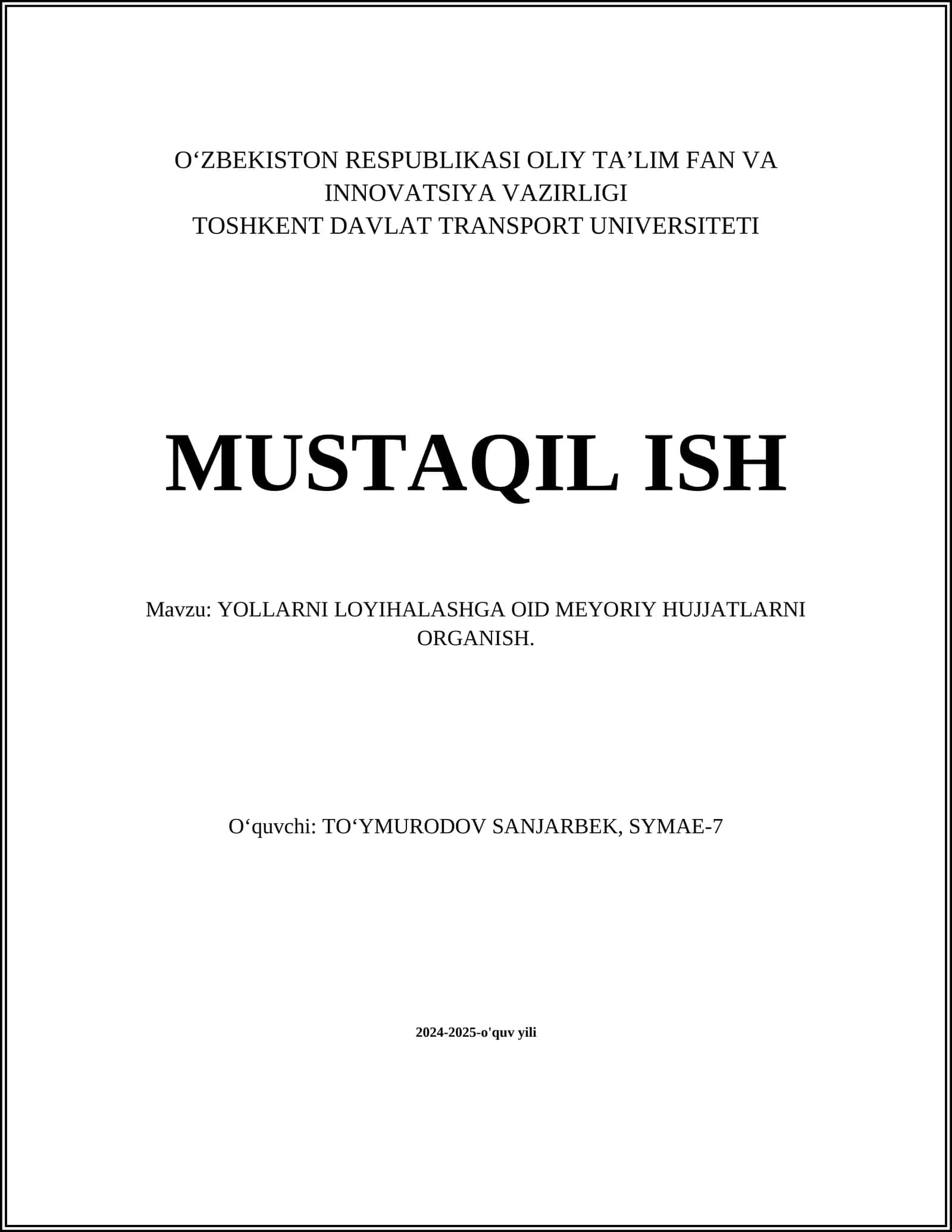 Yo'llarni loyihalashga oid me'yoriy hujjatlar