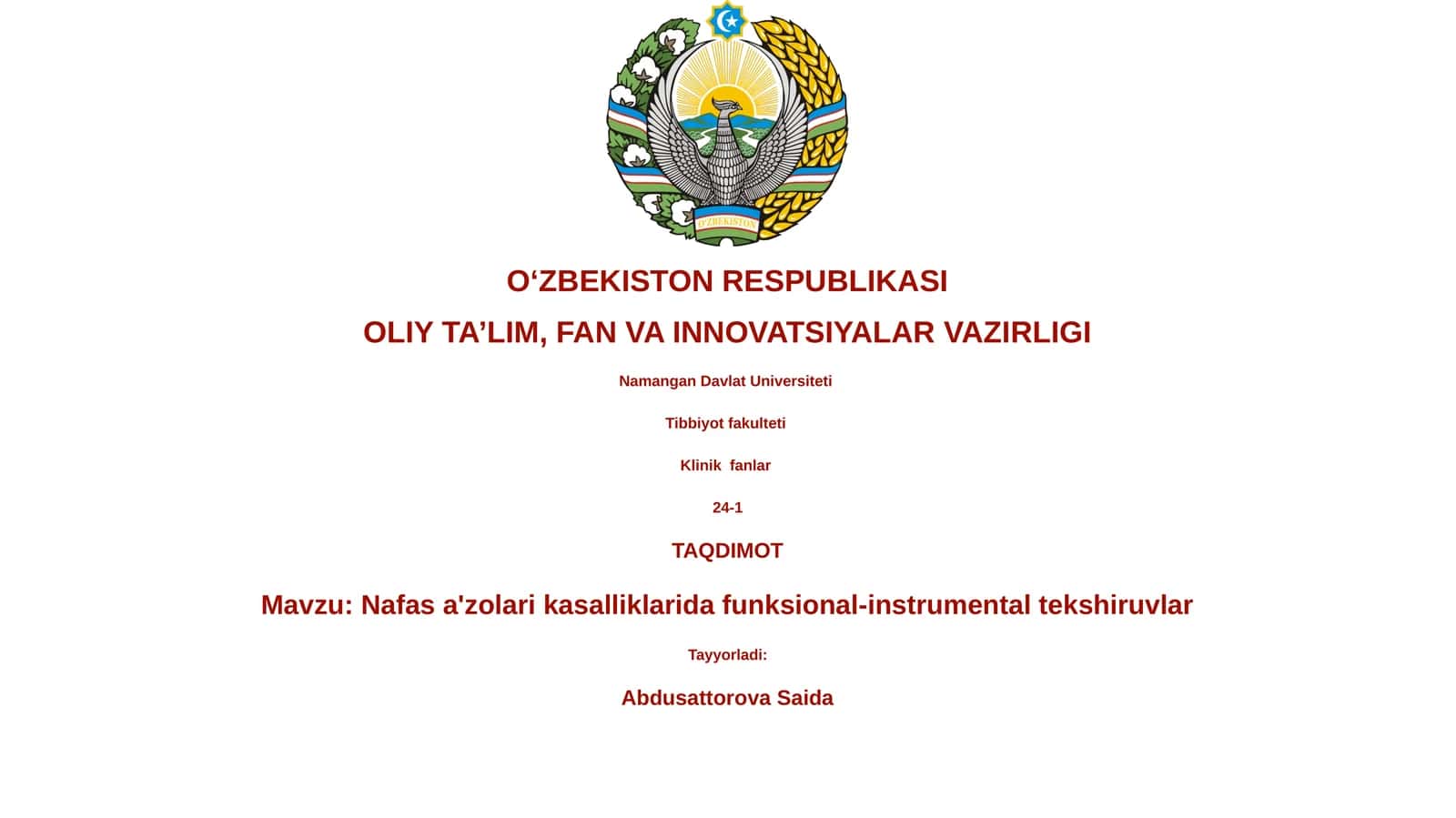 Nafas a'zolari kasalliklarida funksional-instrumental tekshiruvlar