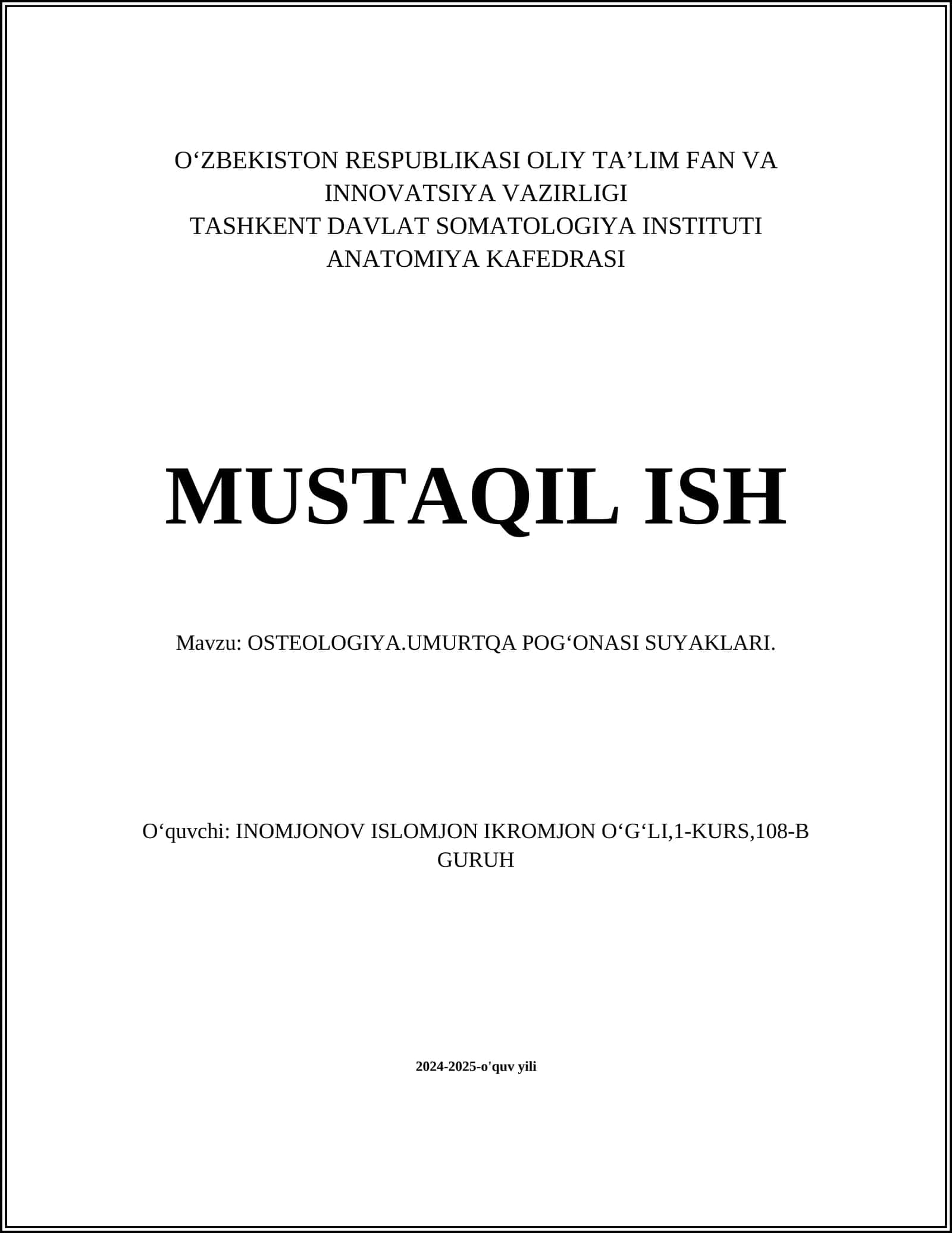 OSTEOLOGIYA.UMURTQA POGʻONASI SUYAKLARI