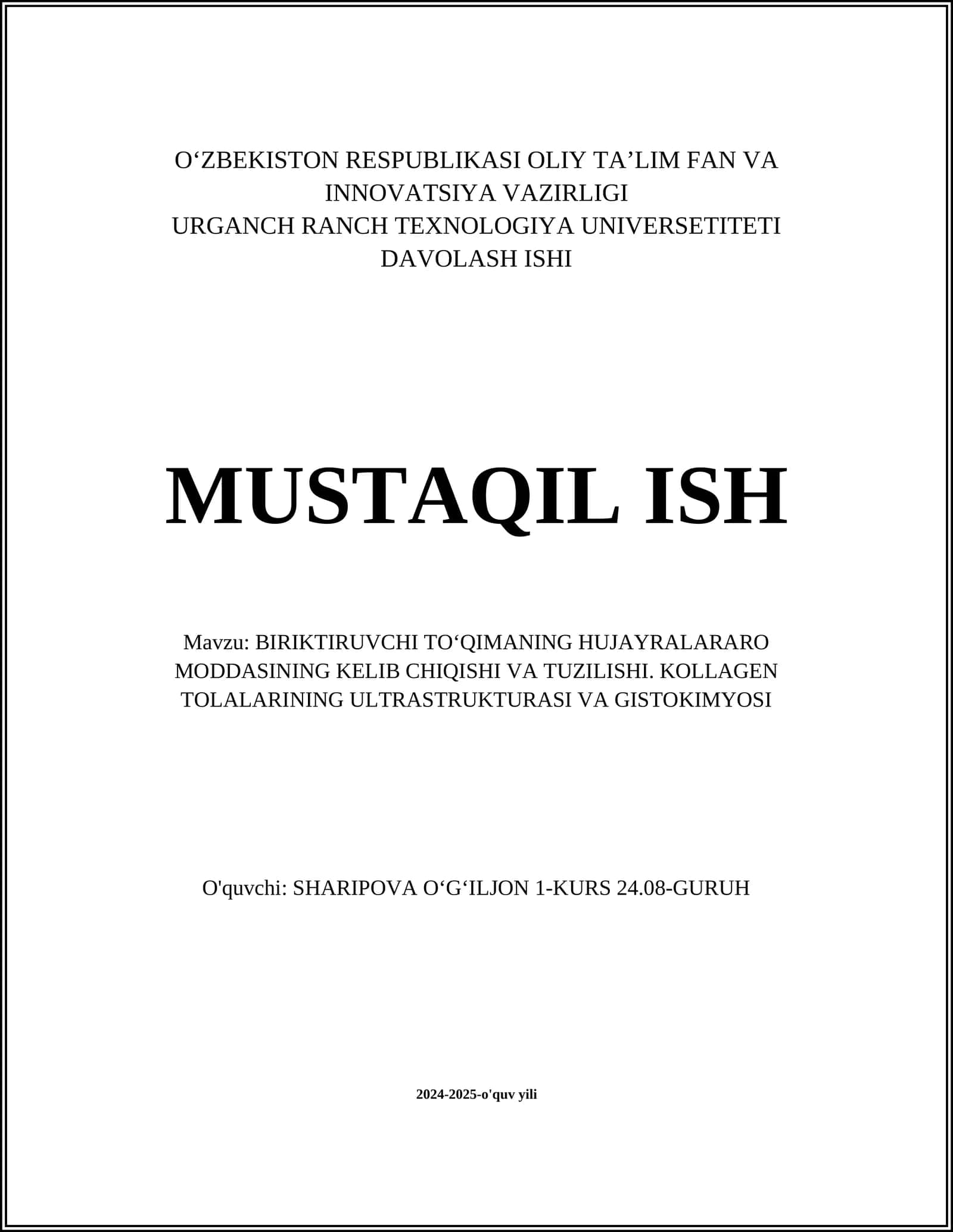 BIRIKTIRUVCHI TOʻQIMANING HUJAYRALARARO MODDASINING KELIB CHIQISHI VA TUZILISHI. KOLLAGEN TOLALARINING ULTRASTRUKTURASI VA GISTOKIMYOSI