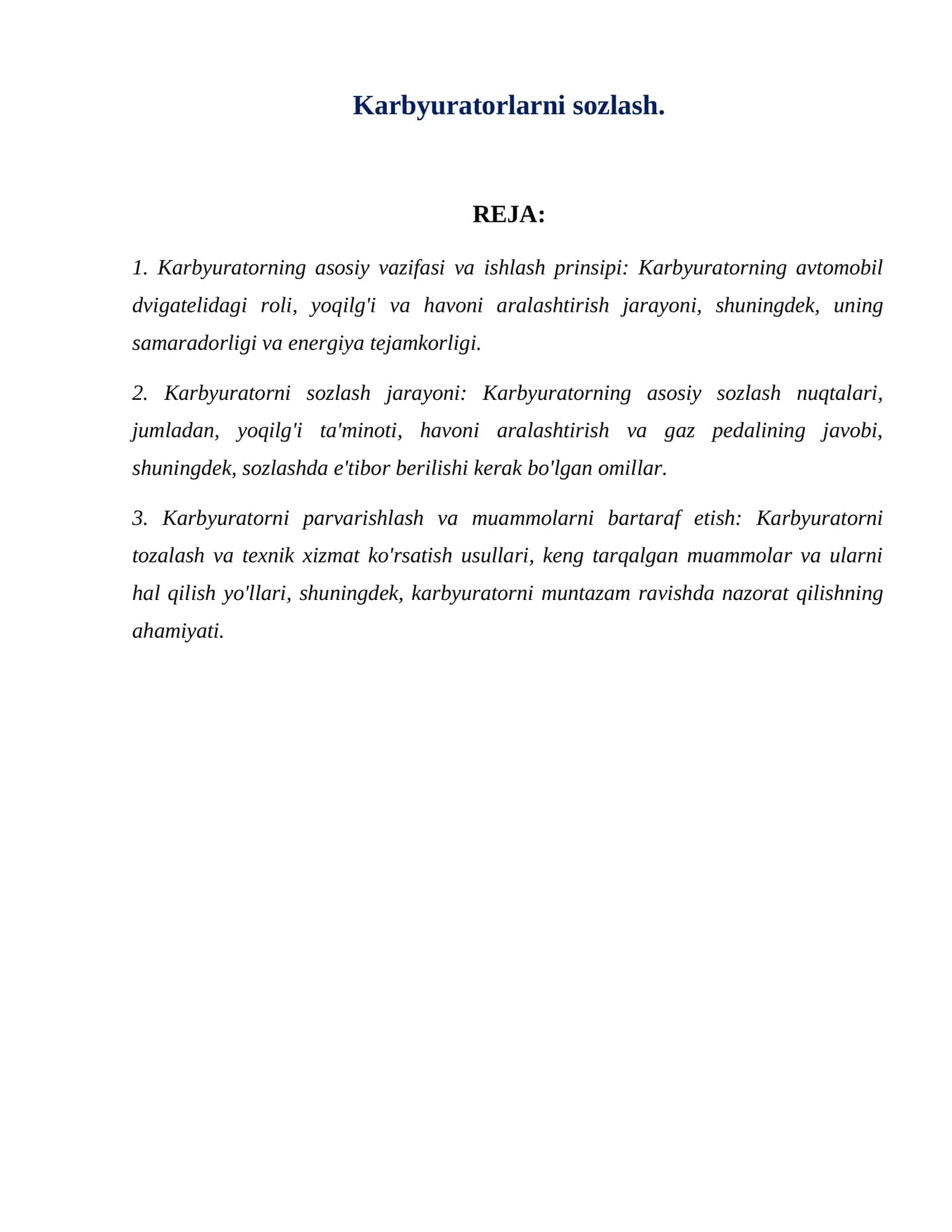 Karbyuratorlarni sozlash.