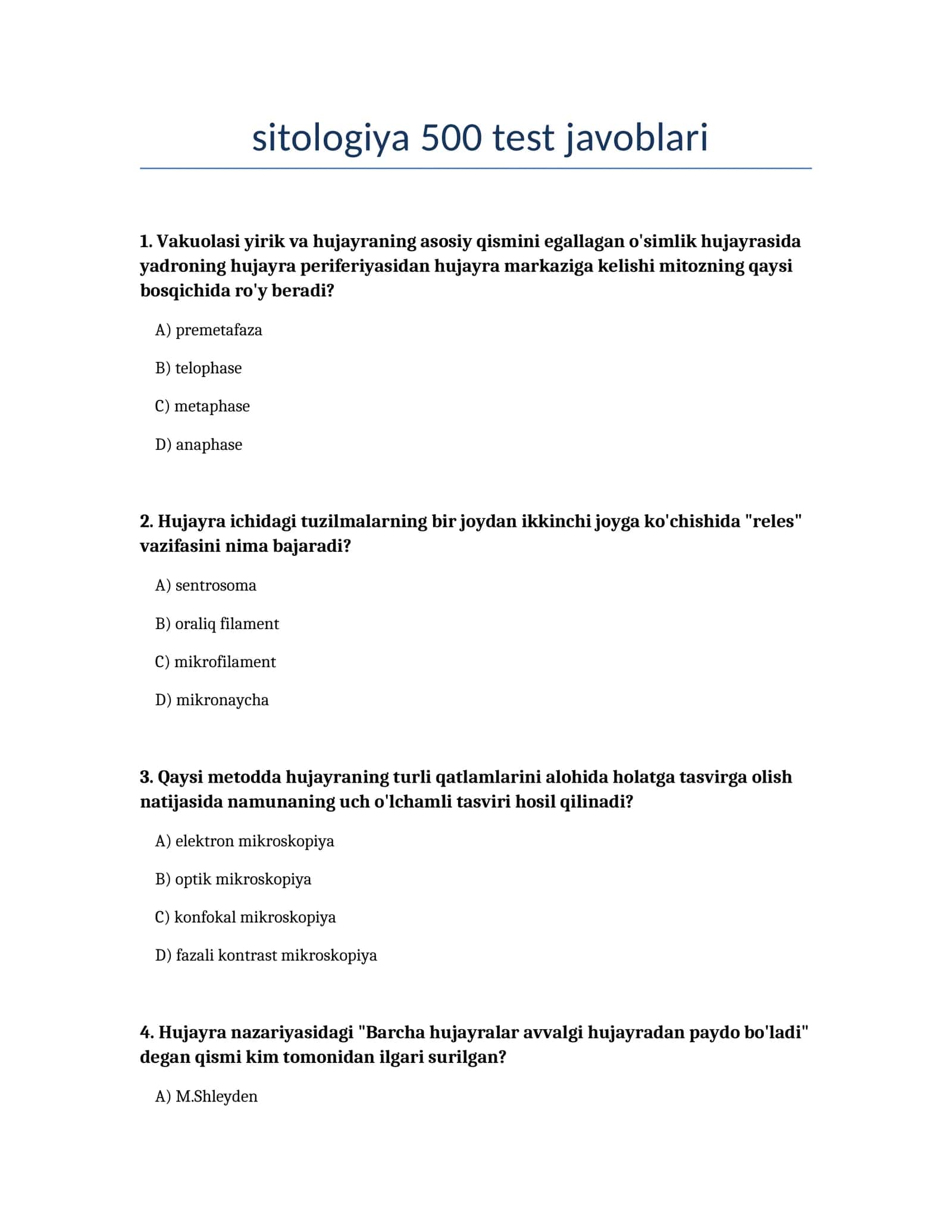 Sitologiya 500 test javoblari