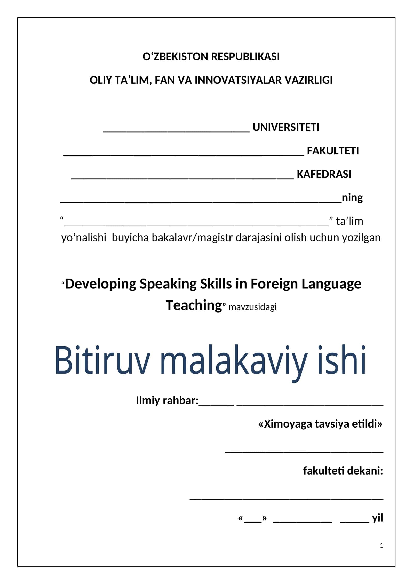 Developing Speaking Skills in Foreign Language Teaching