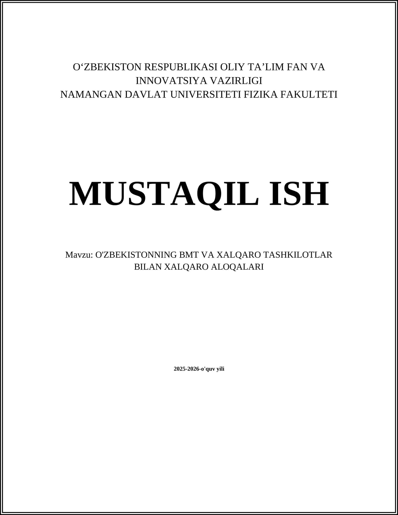 O'zbekistonning BMT va Xalqaro Tashkilotlar bilan Xalqaro Aloqalari