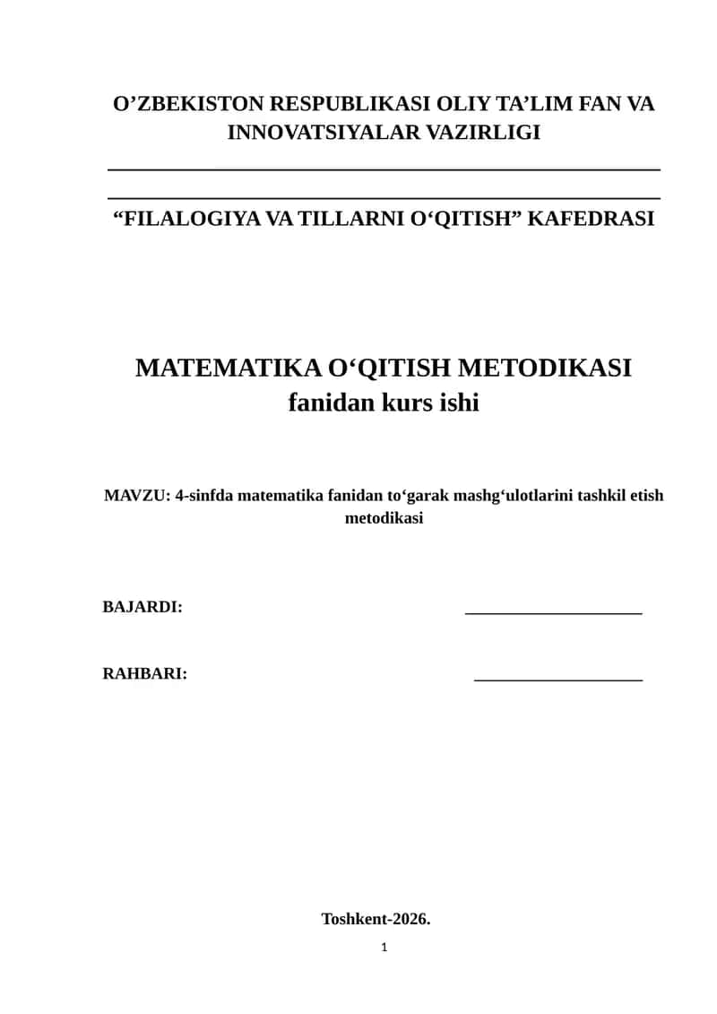 4-sinfda matematika fanidan to‘garak mashg‘ulotlarini tashkil etish metodikasi