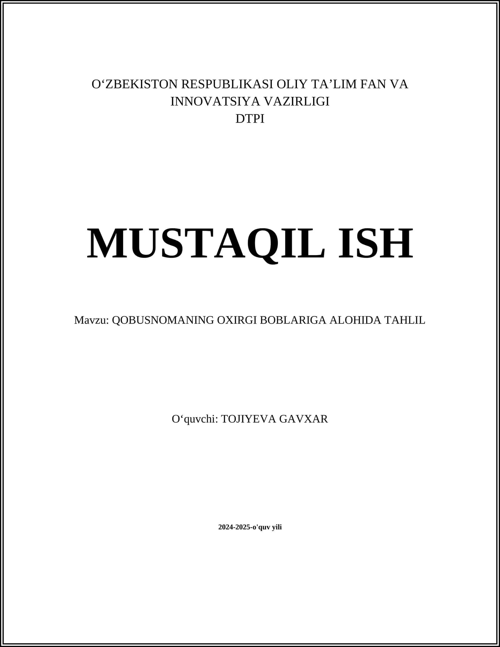 QOBUSNOMANING OXIRGI BOBLARIGA ALOHIDA TAHLIL