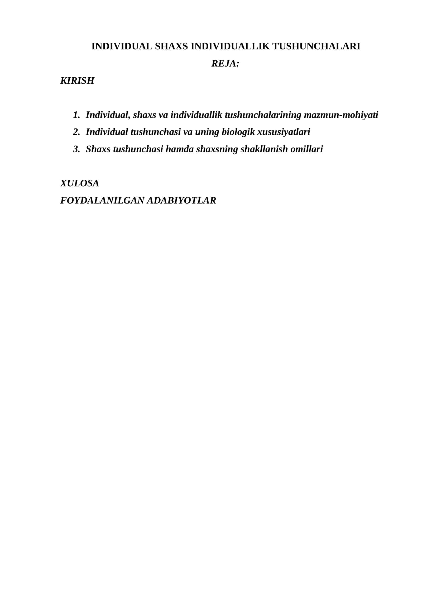 INDIVIDUAL SHAXS INDIVIDUALLIK TUSHUNCHALARI
