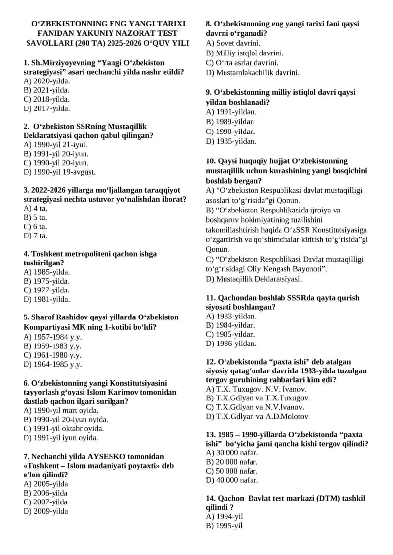 O‘ZBEKISTONNING ENG YANGI TARIXI FANIDAN YAKUNIY NAZORAT TEST SAVOLLARI (200 TA) 2025-2026 O‘QUV YILI