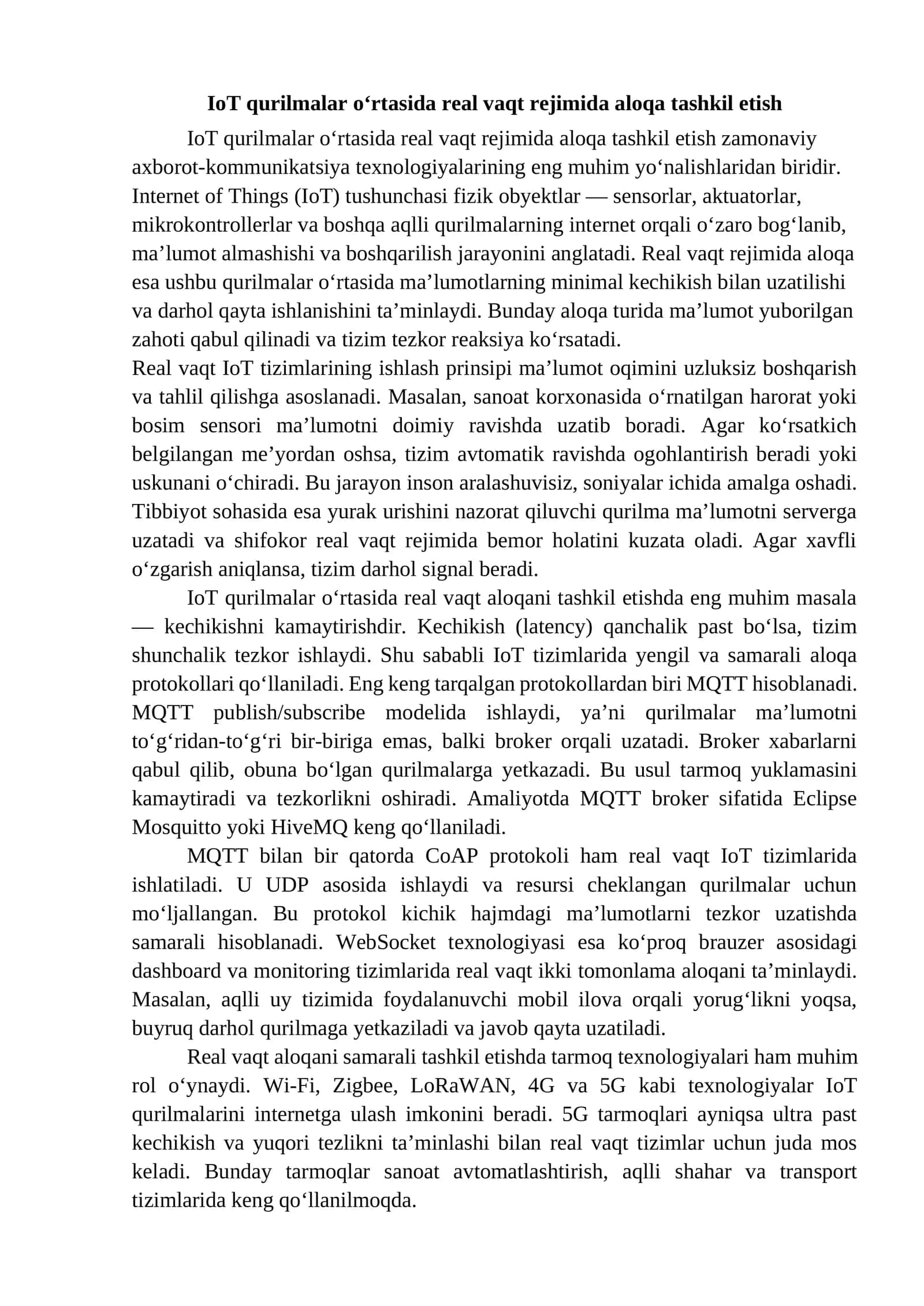 IoT qurilmalar o‘rtasida real vaqt rejimida aloqa tashkil etish