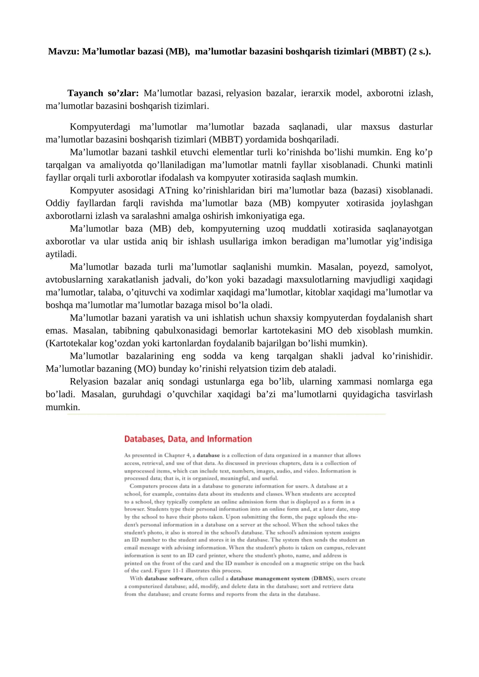 Ma’lumotlar bazasi (MB), ma’lumotlar bazasini boshqarish tizimlari (MBBT) (2 s.)