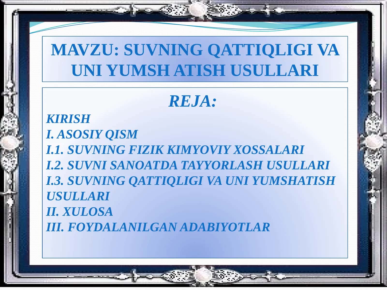 SUVNING QATTIQLIGI VA UNI YUMSH ATISH USULLARI