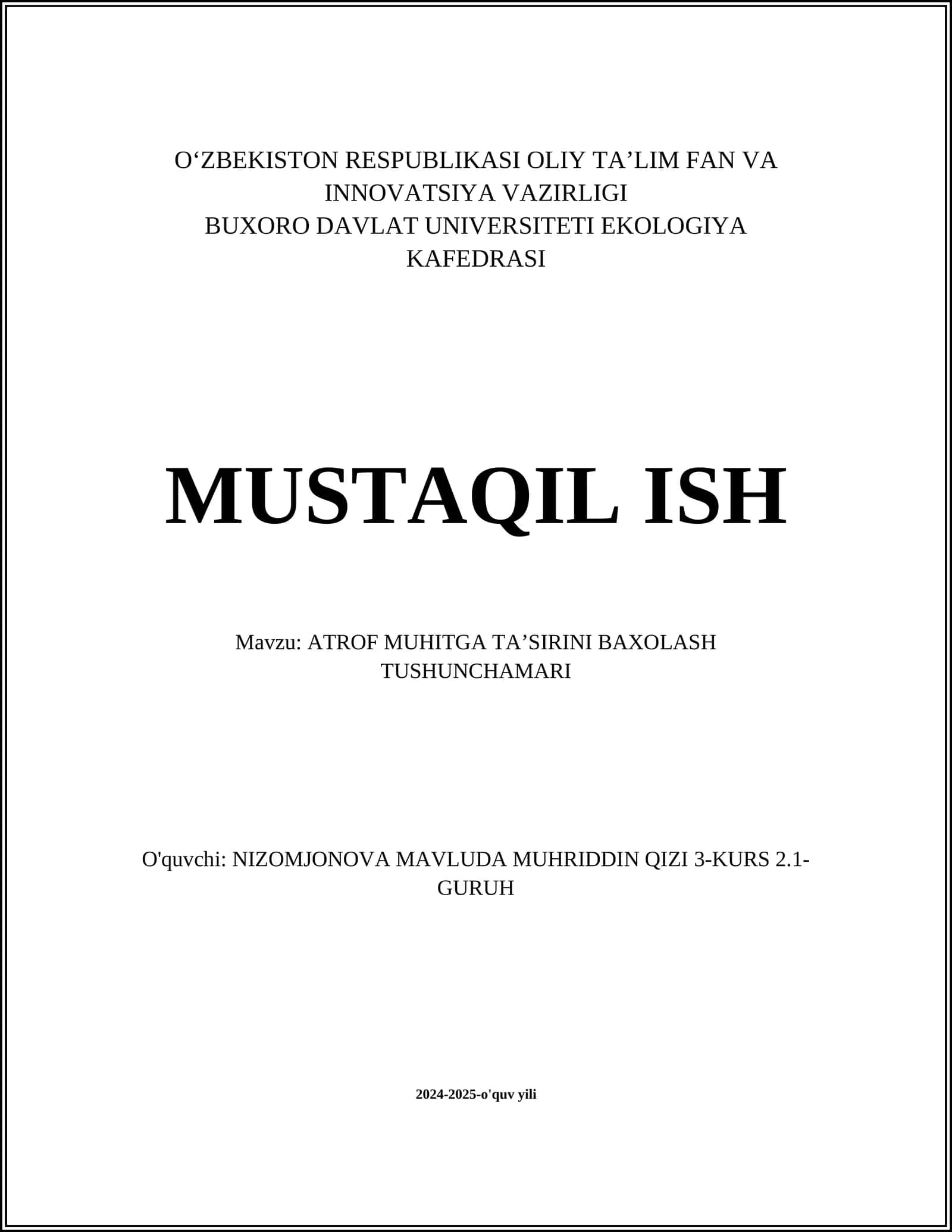 ATROF MUHITGA TAʼSIRINI BAXOLASH TUSHUNCHAMARI
