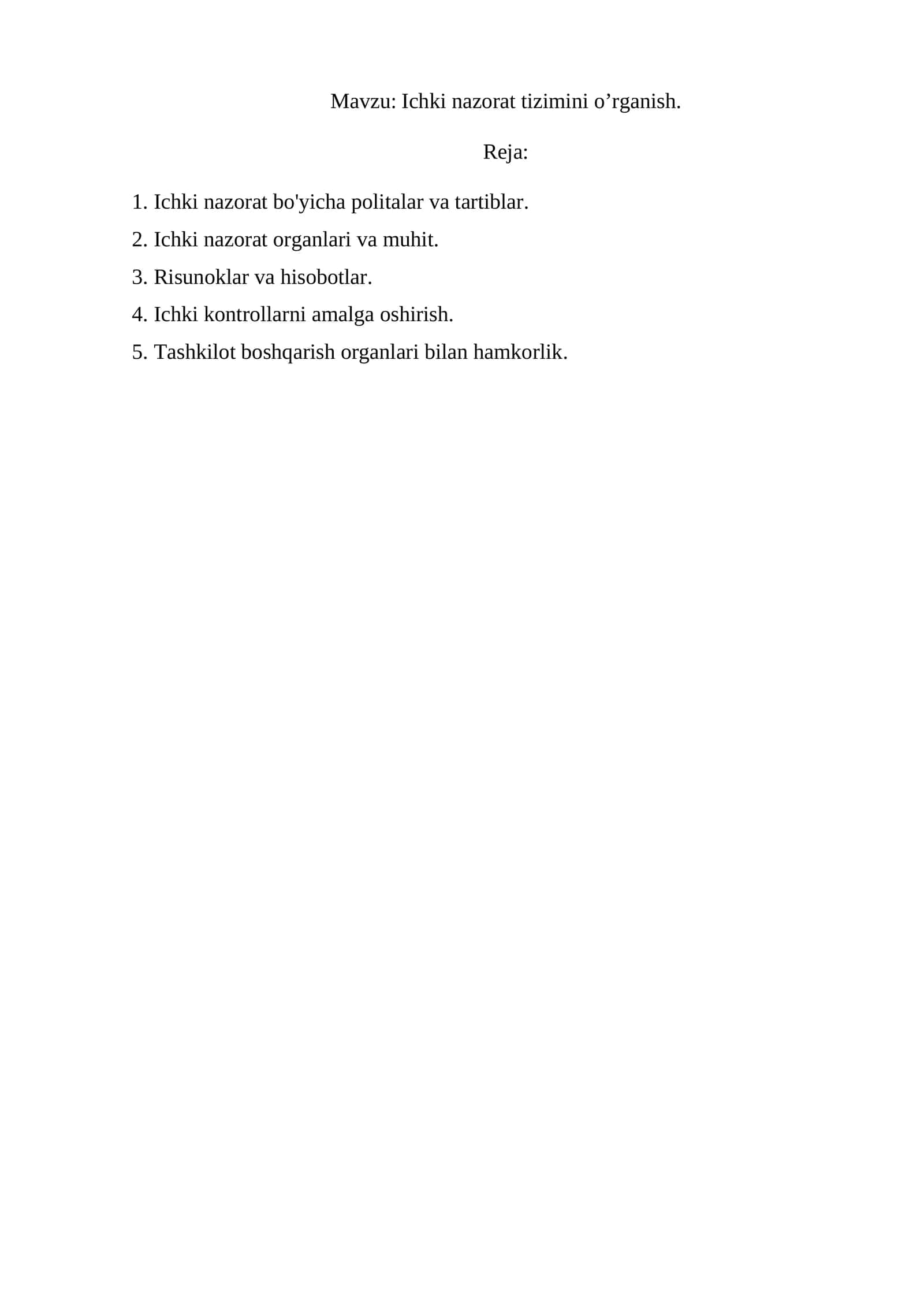 Ichki nazorat tizimini o’rganish