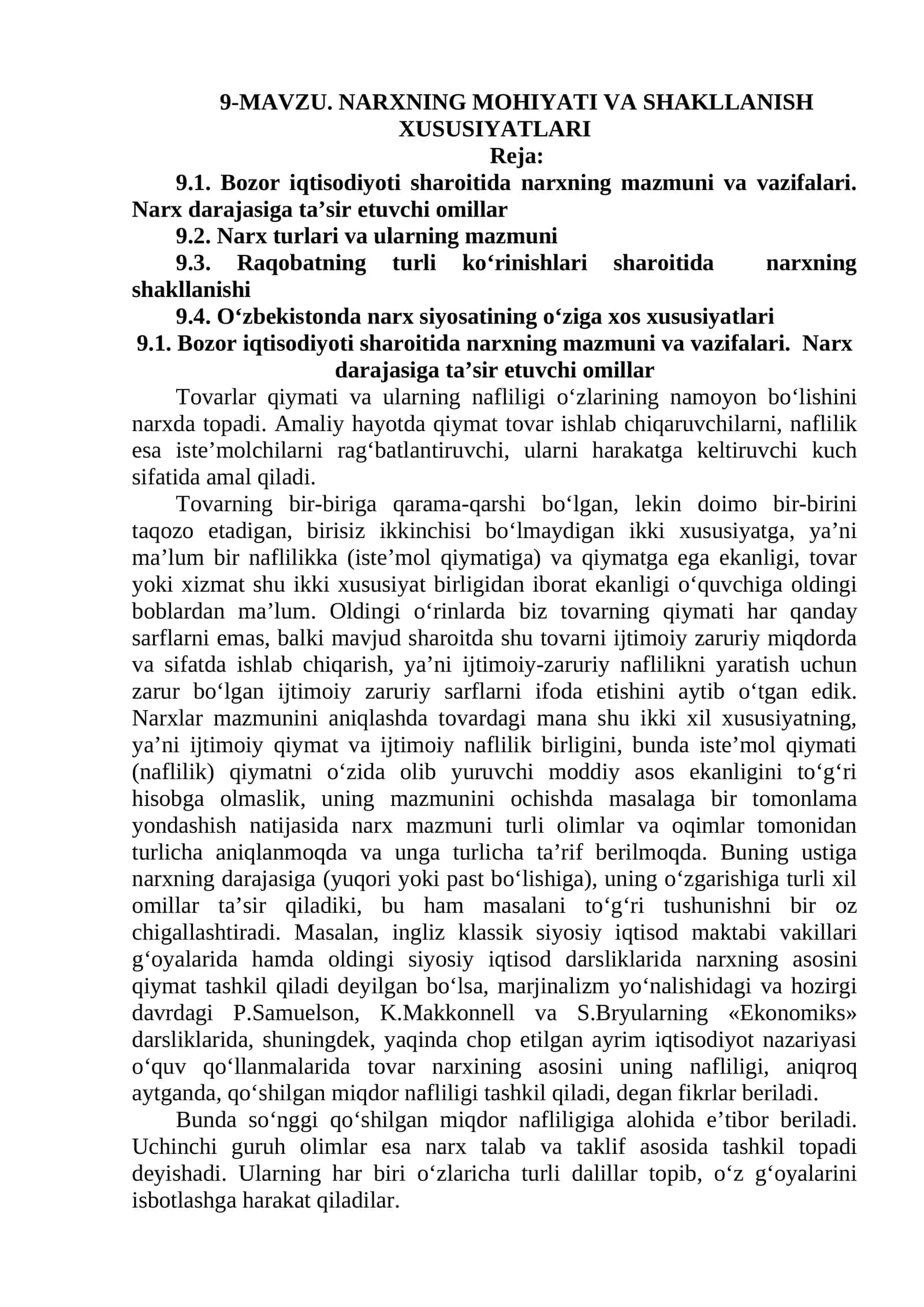 MAVZU. NARXNING MOHIYATI VA SHAKLLANISH XUSUSIYATLARI