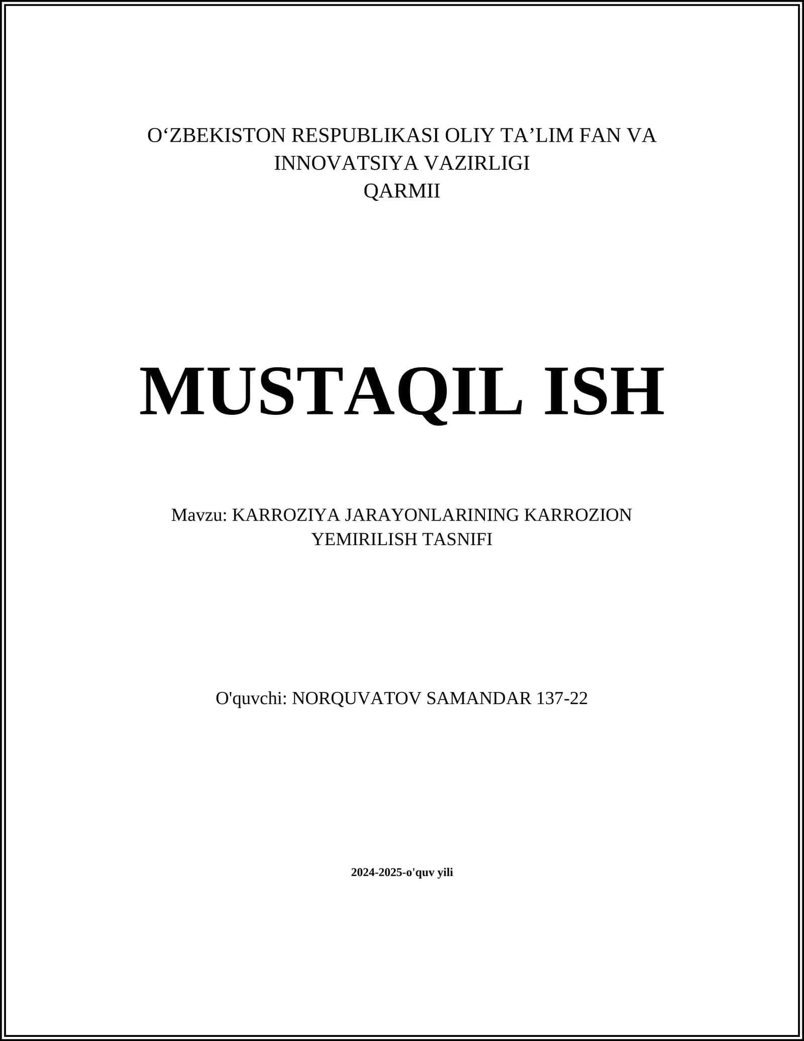 KARROZIYA JARAYONLARINING KARROZION YEMIRILISH TASNIFI