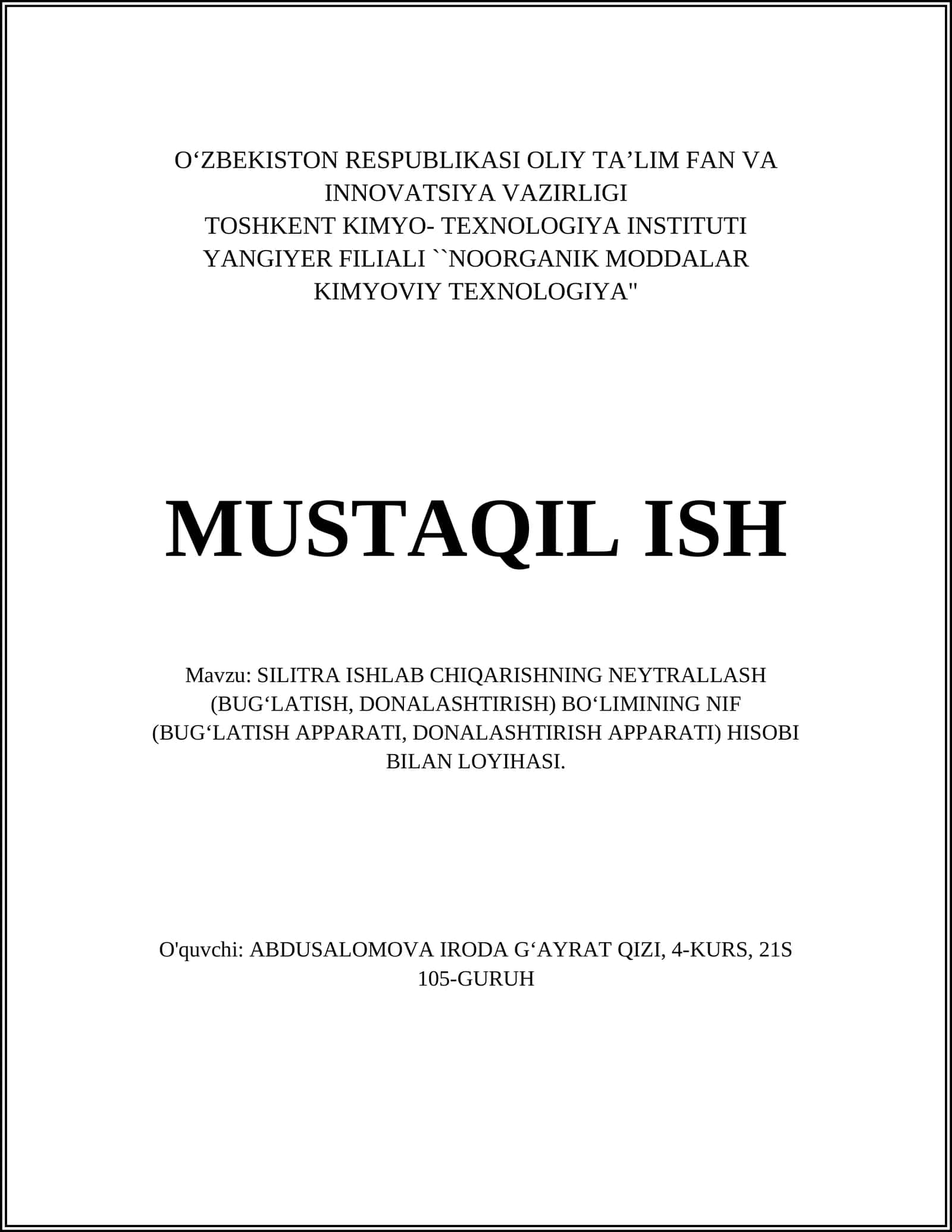 SILITRA ISHLAB CHIQARISHNING NEYTRALLASH (BUG‘LATISH, DONALASHTIRISH) BO'LIMINING NIF (BUG‘LATISH APPARATI, DONALASHTIRISH APPARATI) HISOBI BILAN LOYIHASI