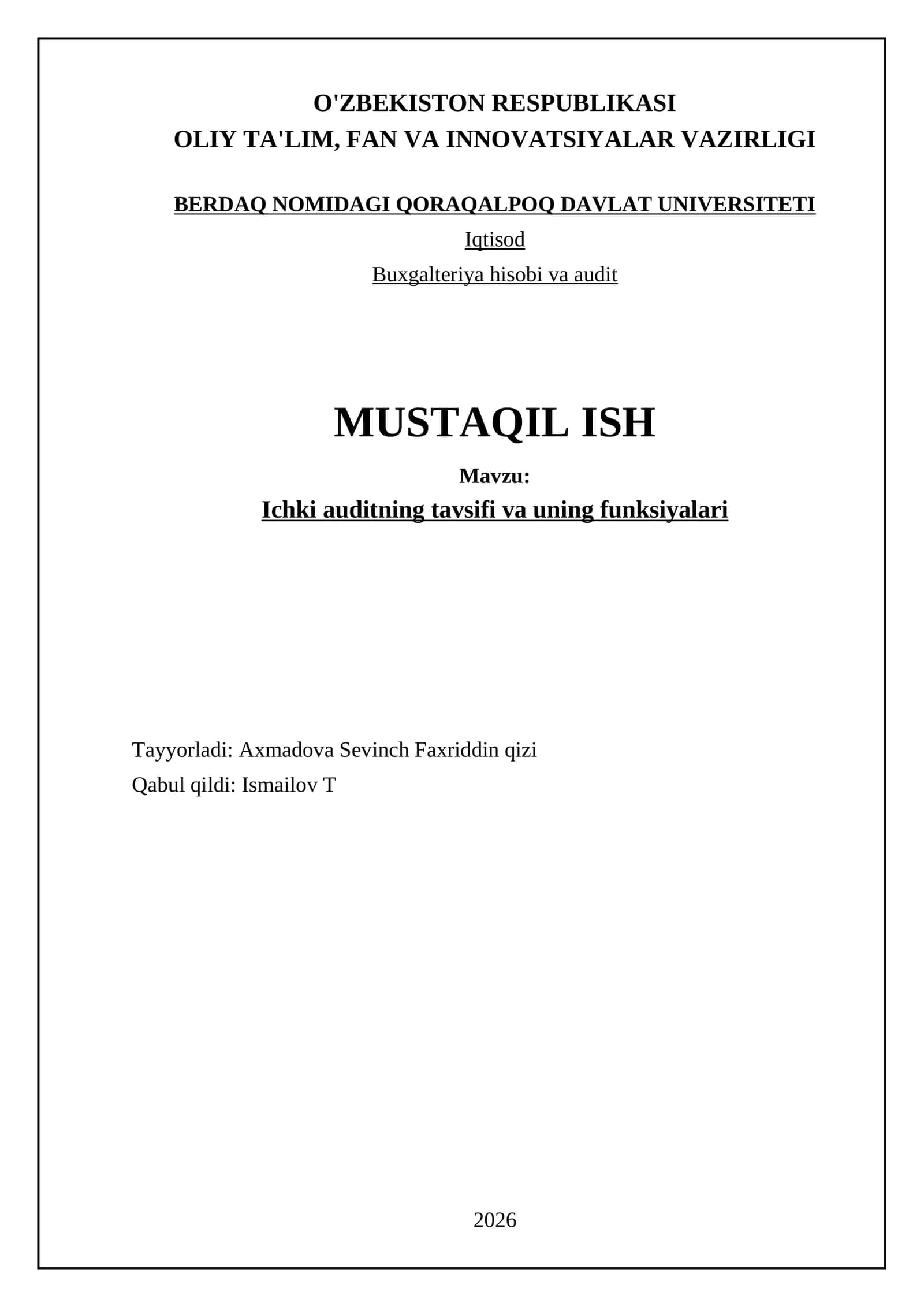 Ichki auditning tavsifi va uning funksiyalari