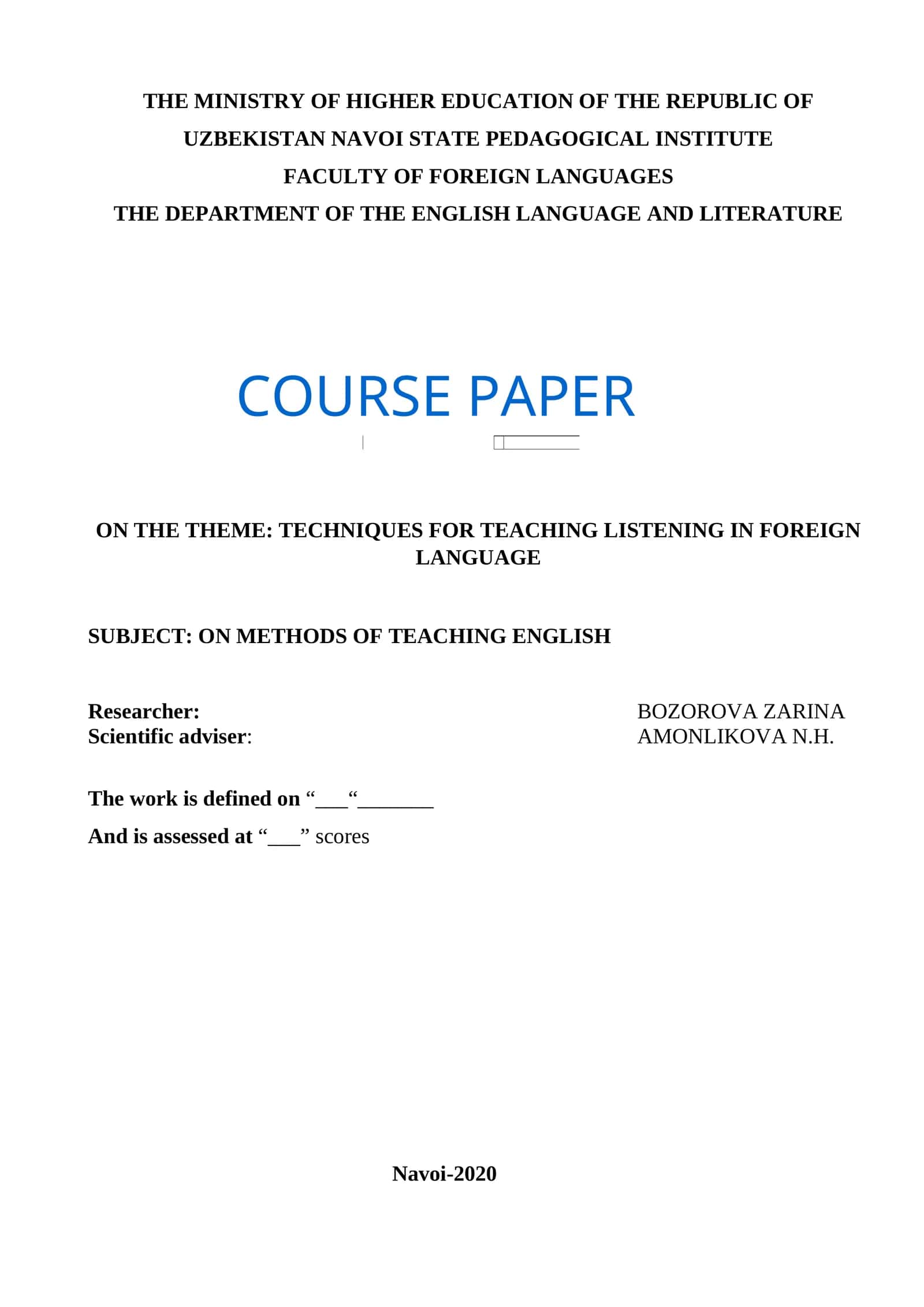 COURSE PAPER ON TECHNIQUES FOR TEACHING LISTENING IN FOREIGN LANGUAGE