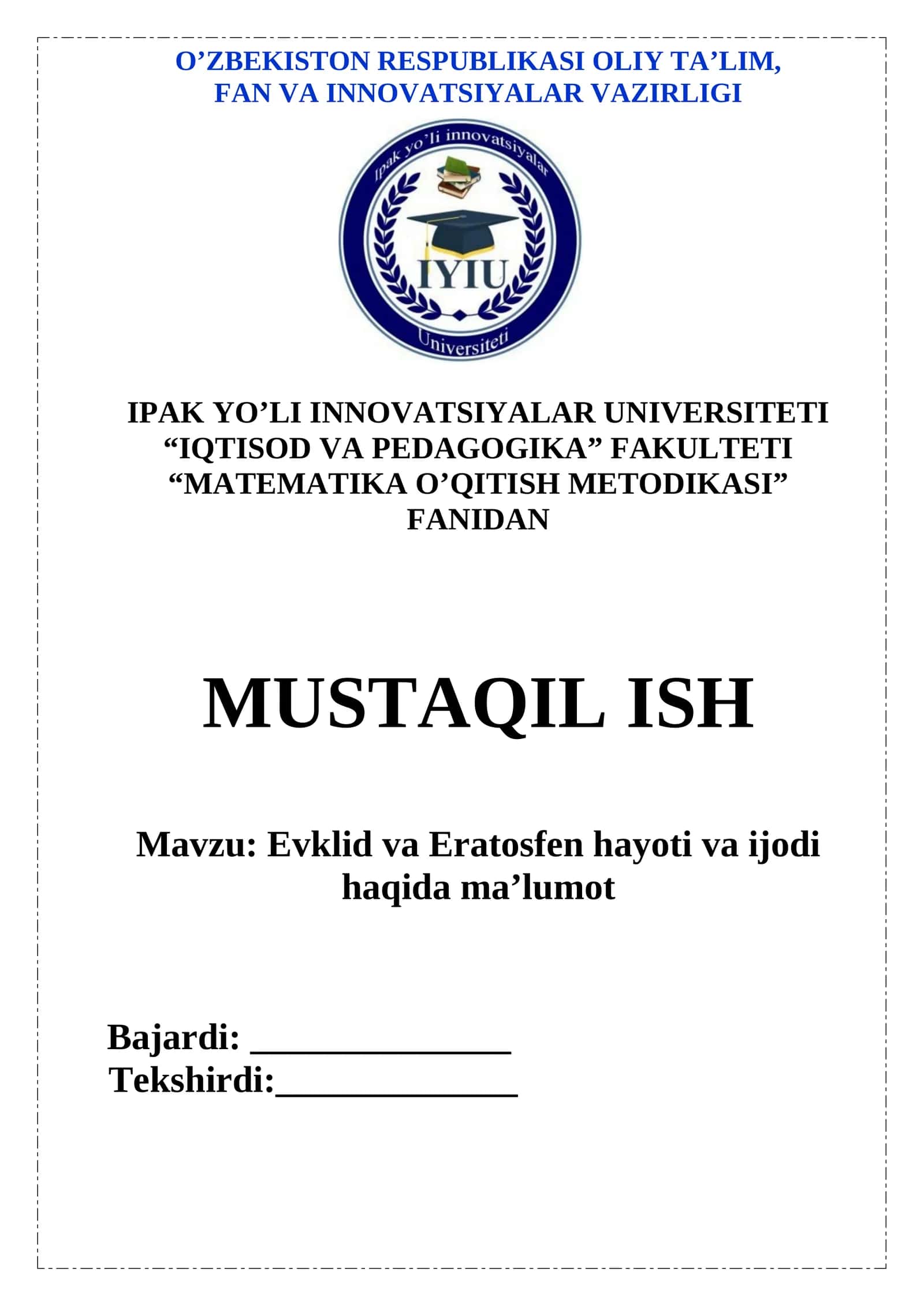 Evklid va Eratosfen hayoti va ijodi haqida maʼlumot