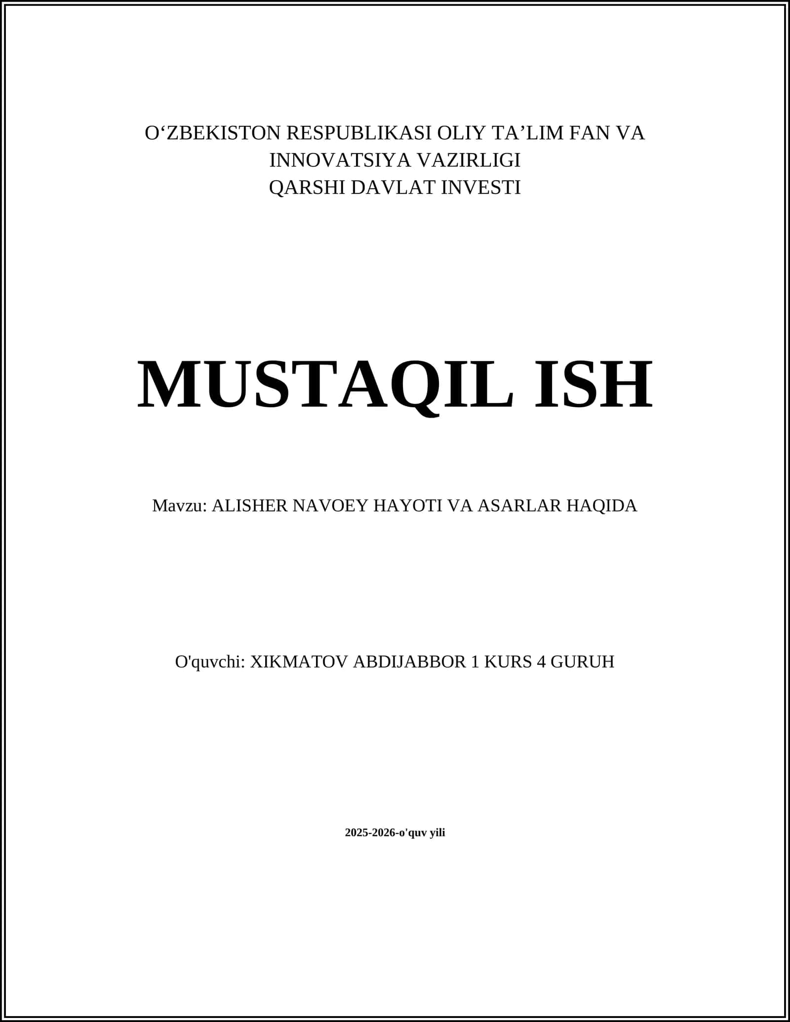 ALISHER NAVOEY HAYOTI VA ASARLAR HAQIDA