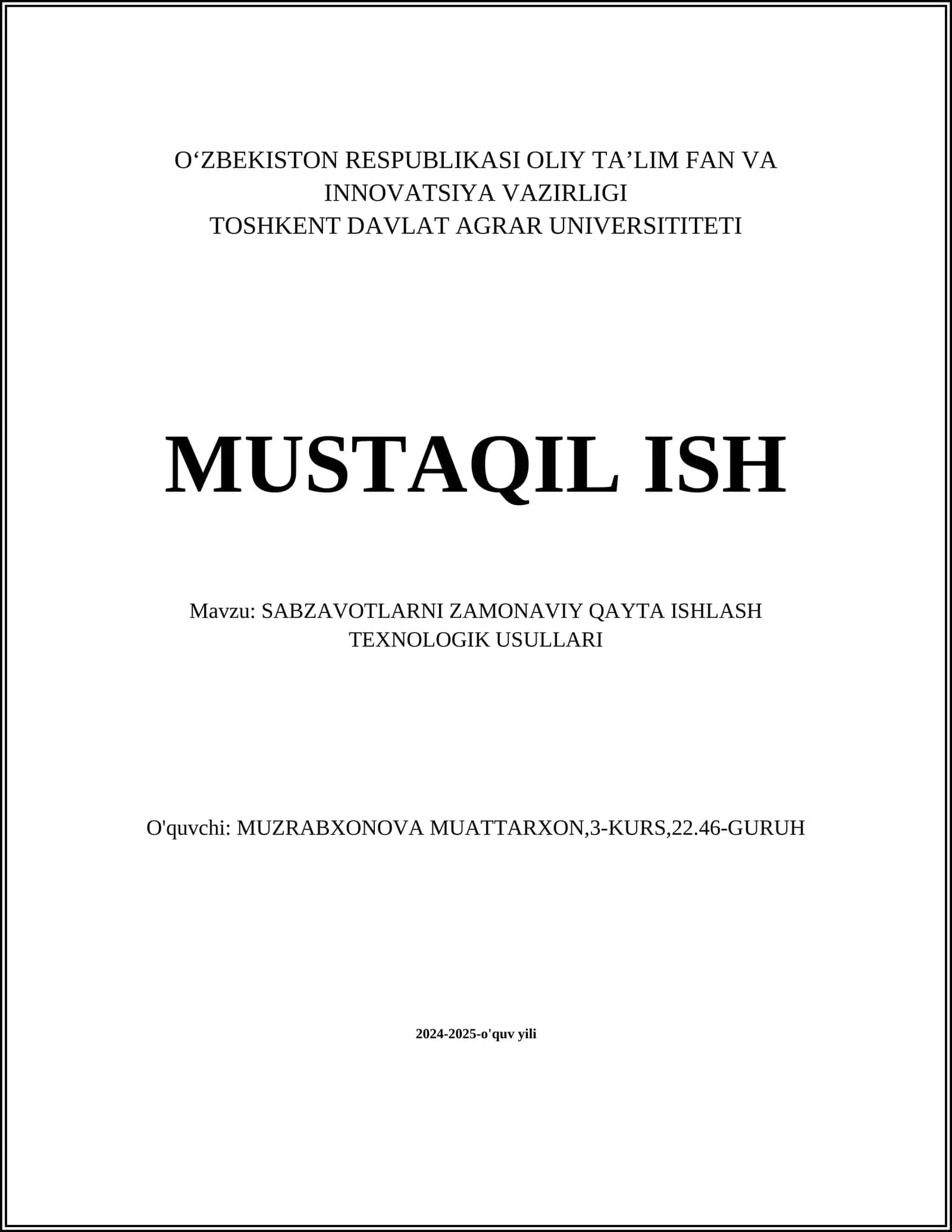 SABZAVOTLARNI ZAMONAVIY QAYTA ISHLASH TEXNOLOGIK USULLARI