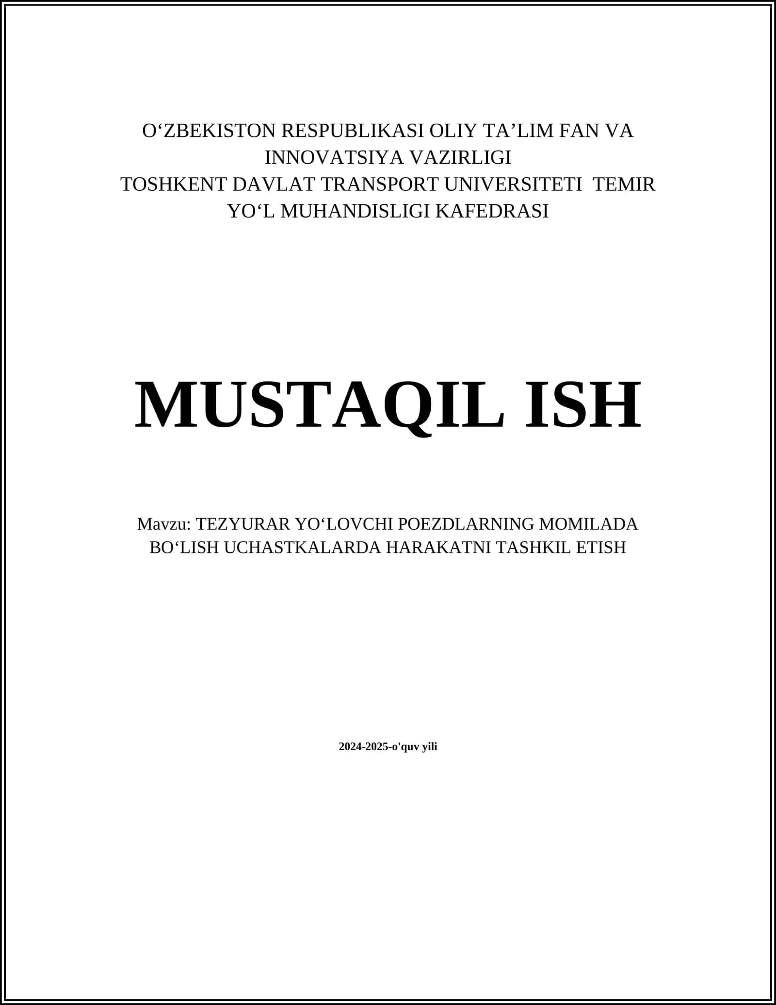TEZYURAR YOʻLOVCHI POEZDLARNING MOMILADA BOʻLISH UCHASTKALARDA HARAKATNI TASHKIL ETISH