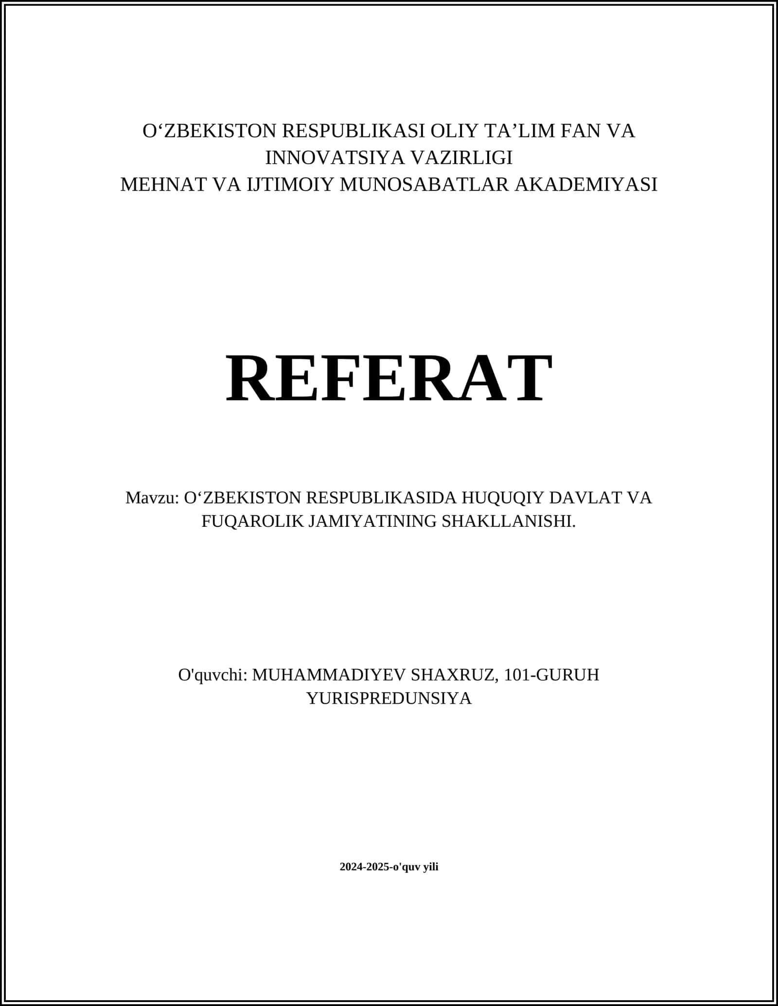 HUQUQIY DAVLAT VA FUQAROLIK JAMIYATINING SHAKLLANISHI