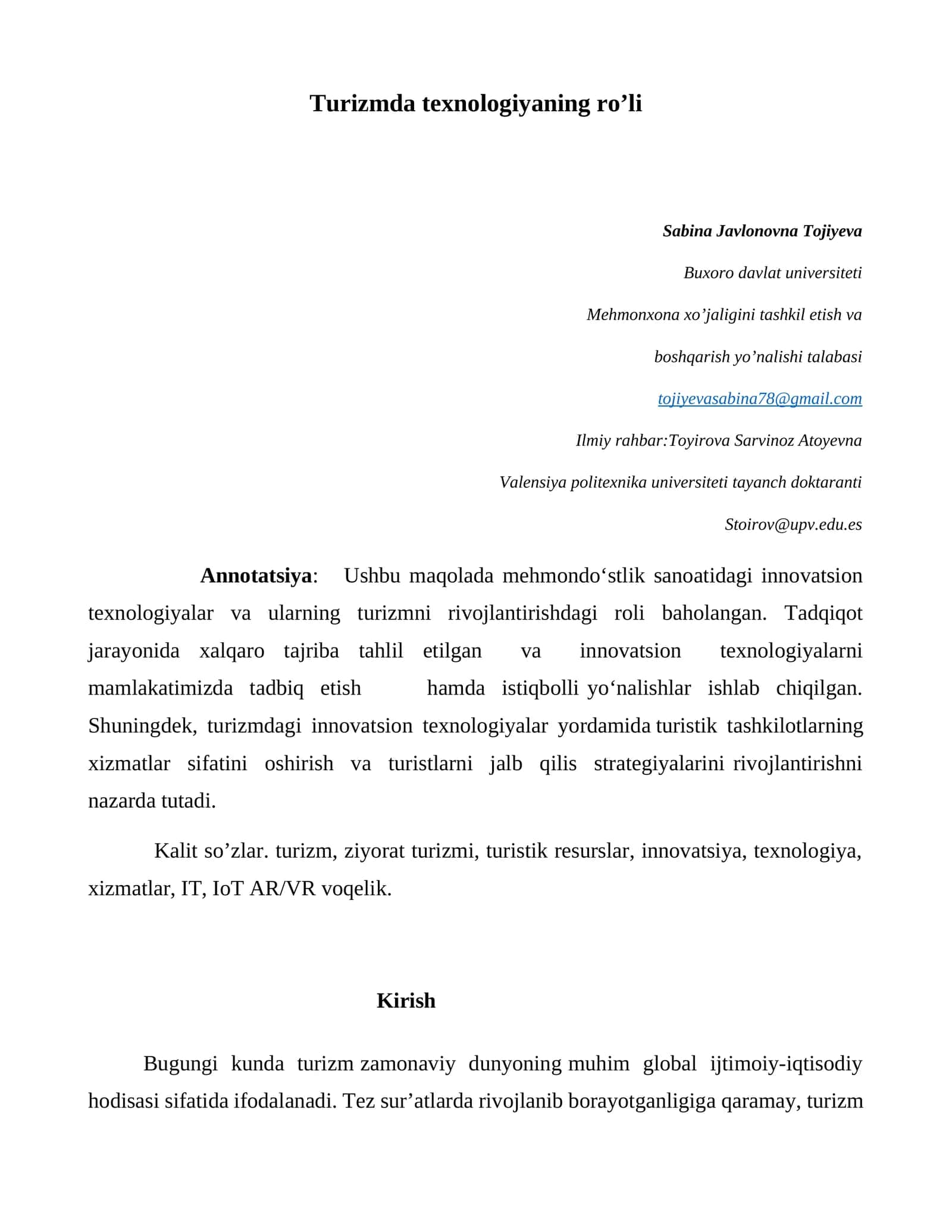 Turizmda texnologiyaning ro’li
