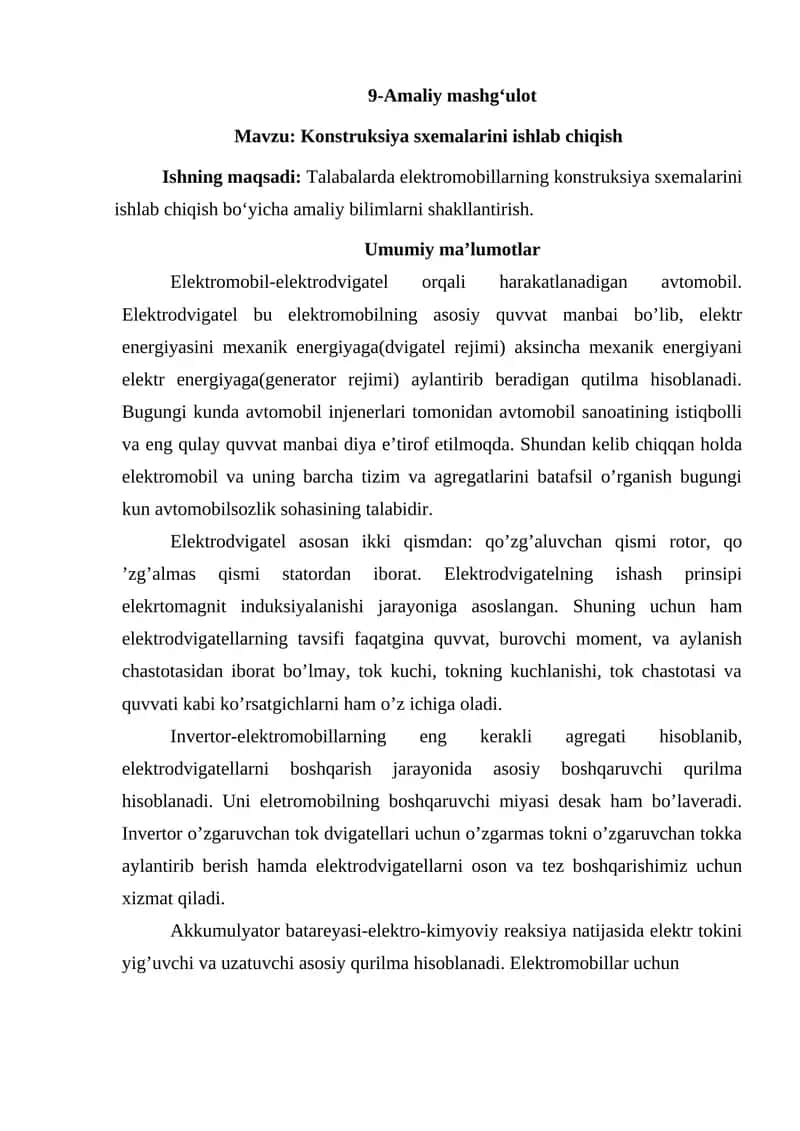 Elektromobil konstruksiya sxemalari