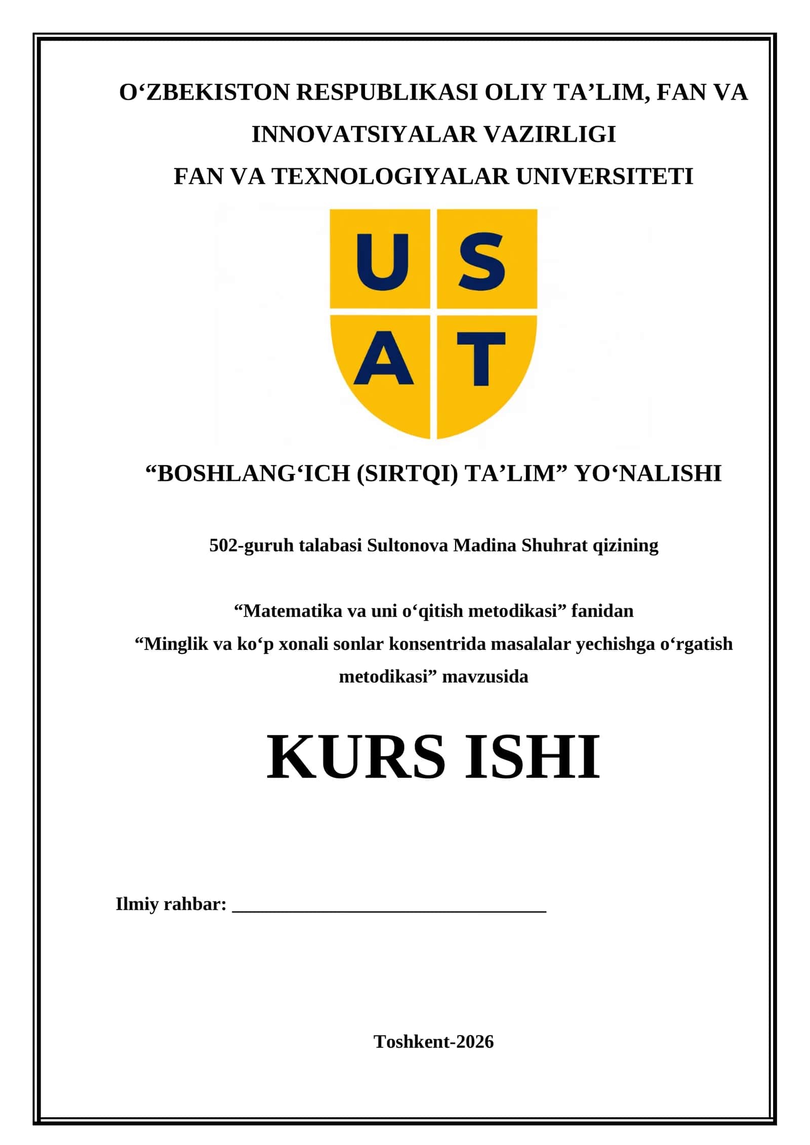 Minglik va ko‘p xonali sonlar konsentrida masalalar yechishga o‘rgatish metodikasi