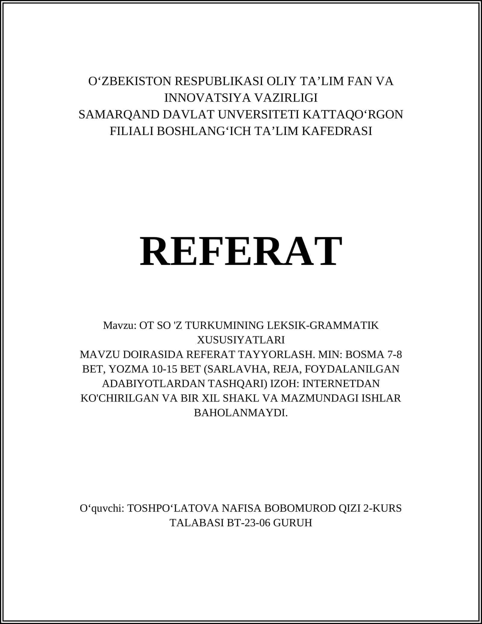 O'z Turku So'zlarning Leksik-grammatik Xususiyatlari