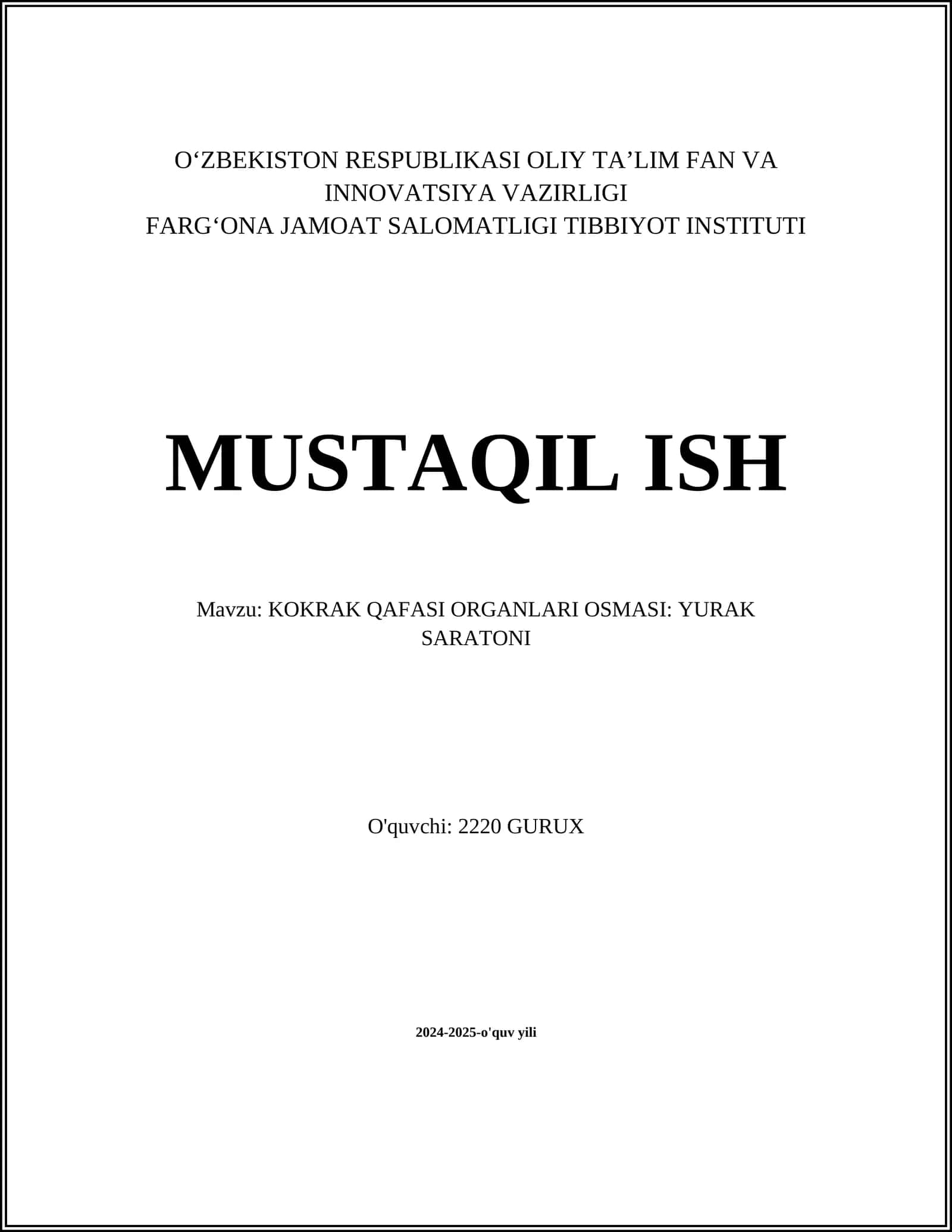 KOKRAK QAFASI ORGANLARI OSMASI: YURAK SARATONI