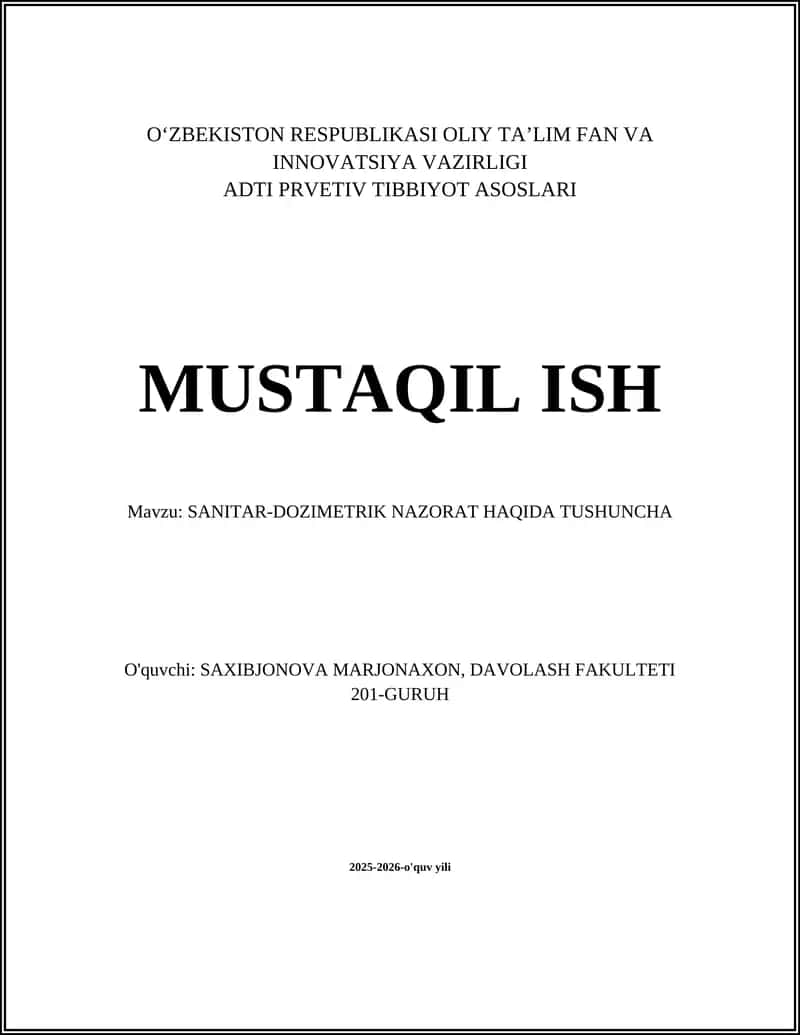 SANITAR-DOZIMETRIK NAZORAT HAQIDA TUSHUNCHA