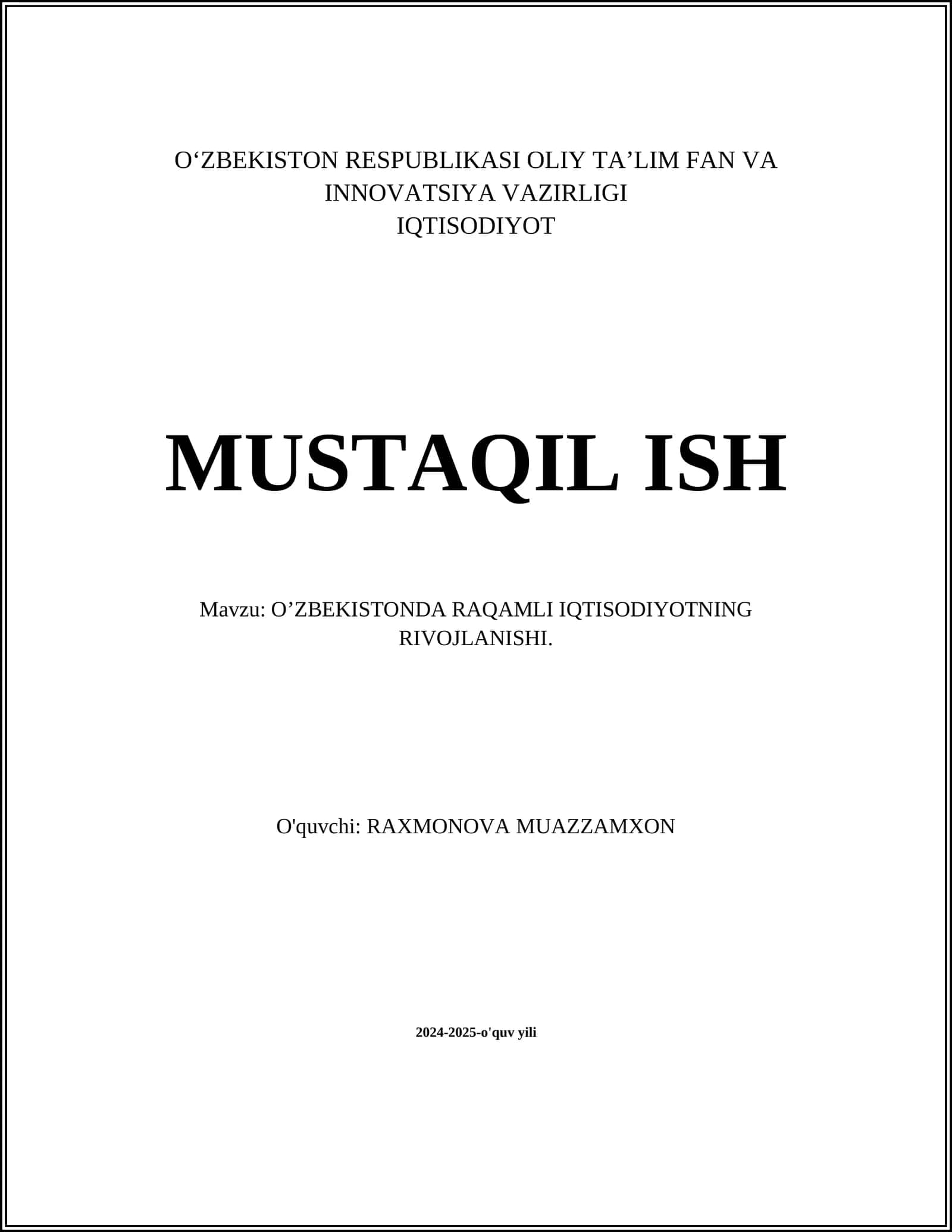 O'ZBEKISTONDA RAQAMLI IQTISODIYOTNING RIVOJLANISHI