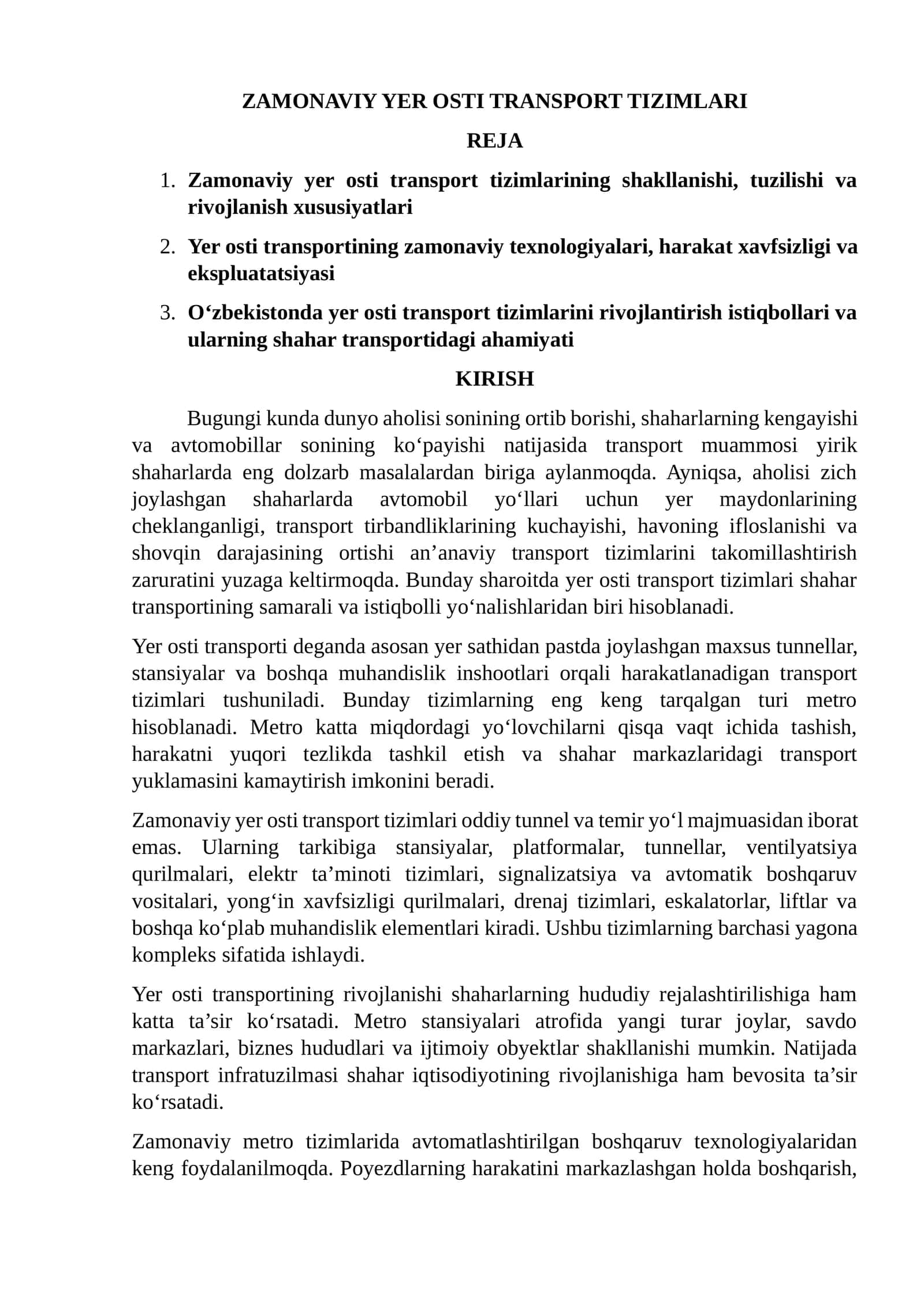 ZAMONAVIY YER OSTI TRANSPORT TIZIMLARI