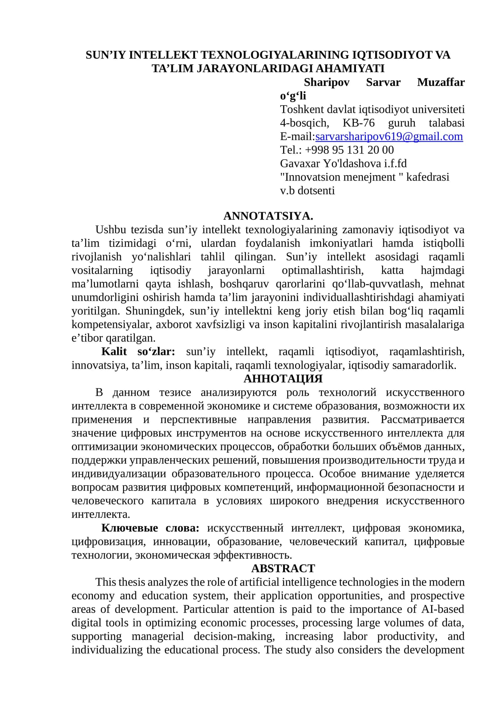 SUN’IY INTELLEKT TEXNOLOGIYALARINING IQTISODIYOT VA TA’LIM JARAYONLARIDAGI AHAMIYATI