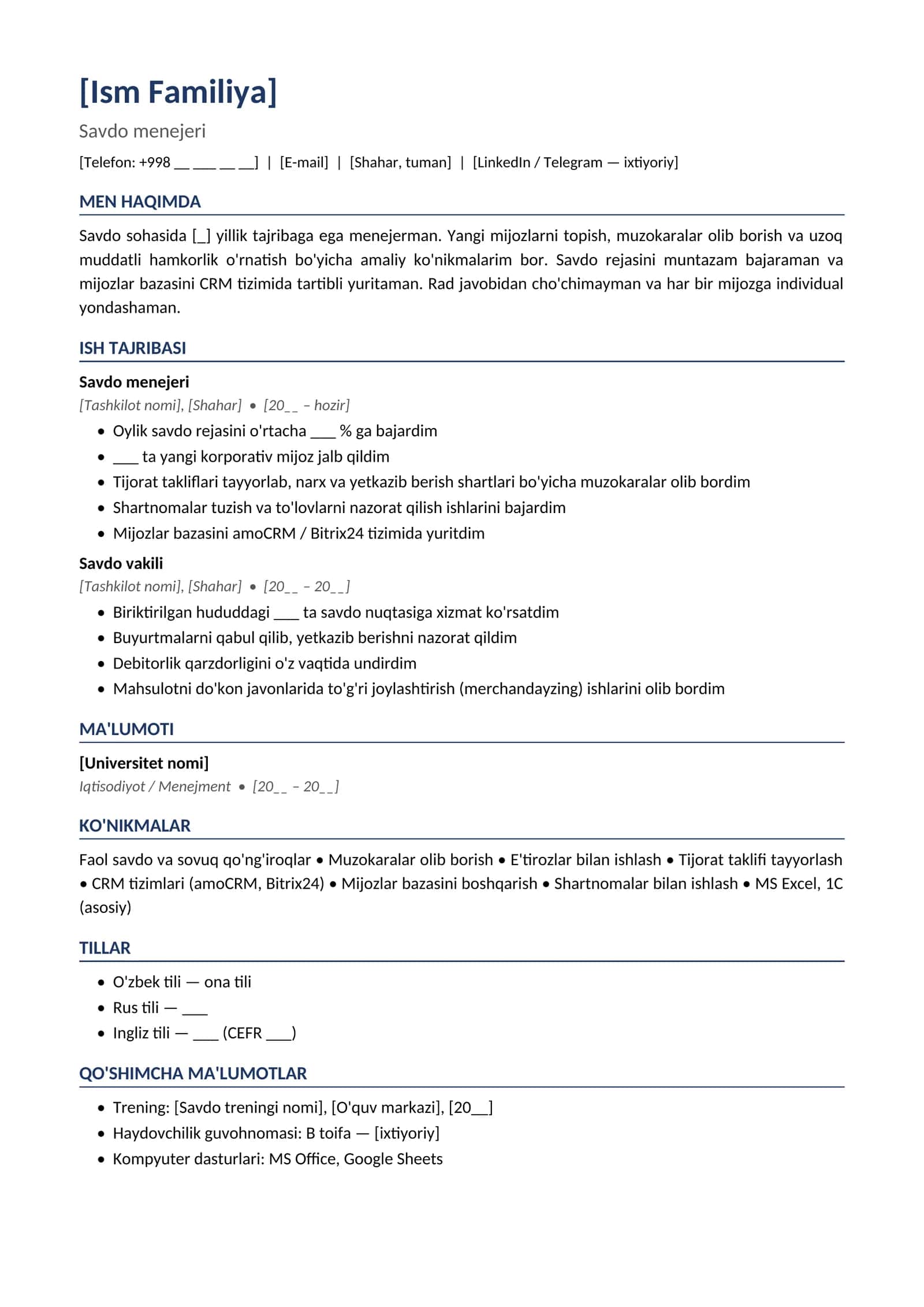 Rezyume namunasi Savdo menejeri
