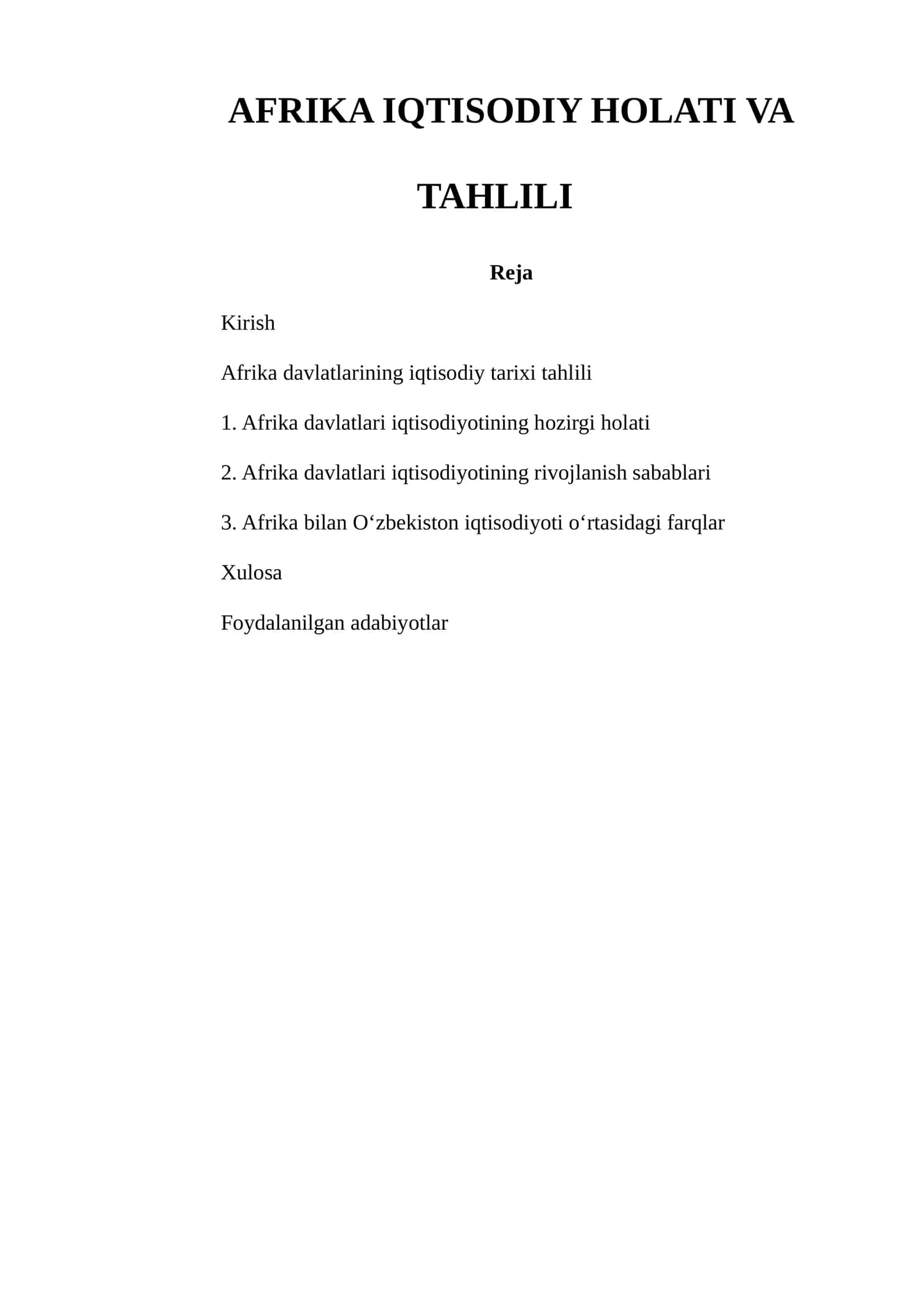 AFRIKA IQTISODIY HOLATI VA TAHLILI