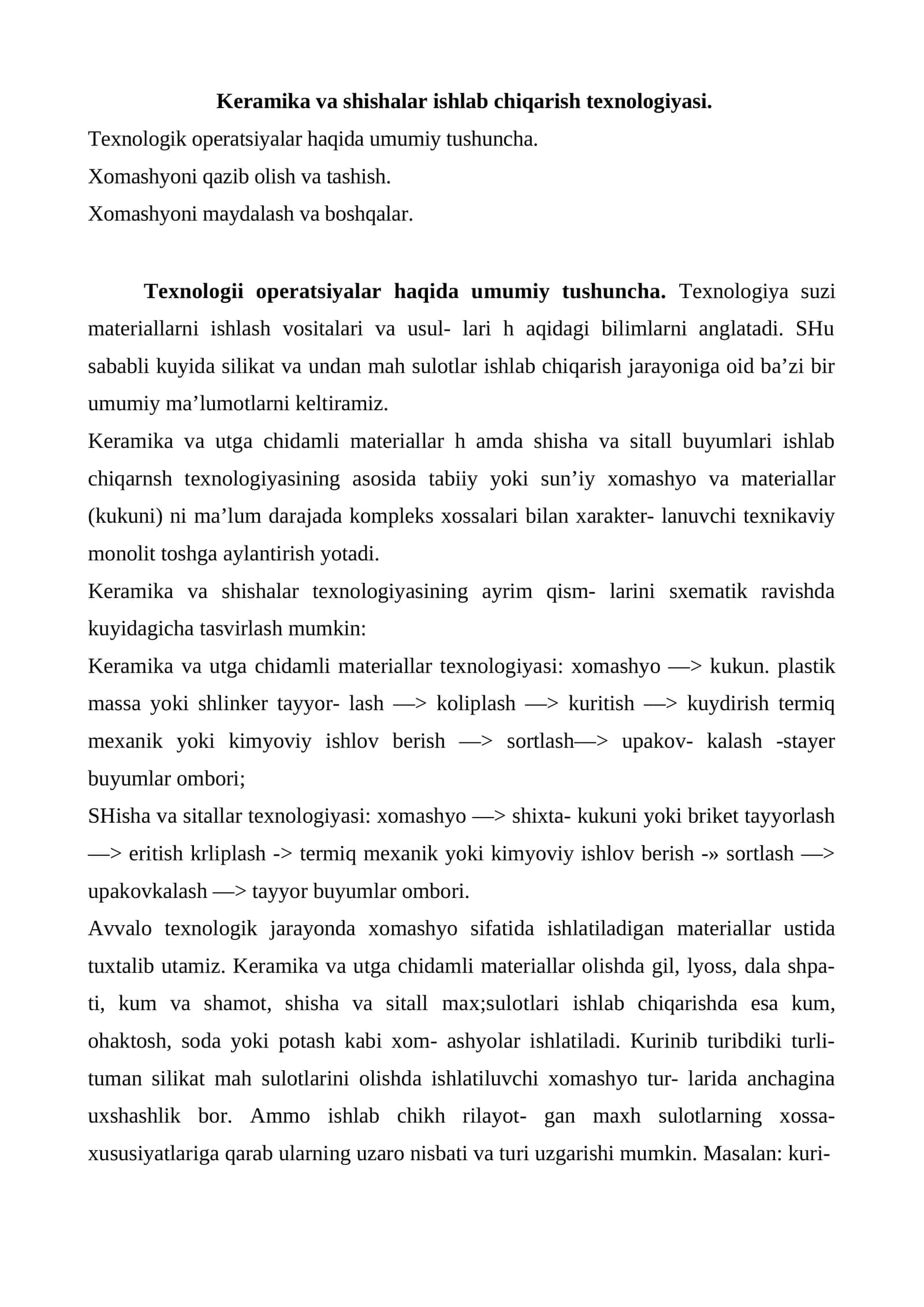 Keramika va shishalar ishlab chiqarish texnologiyasi
