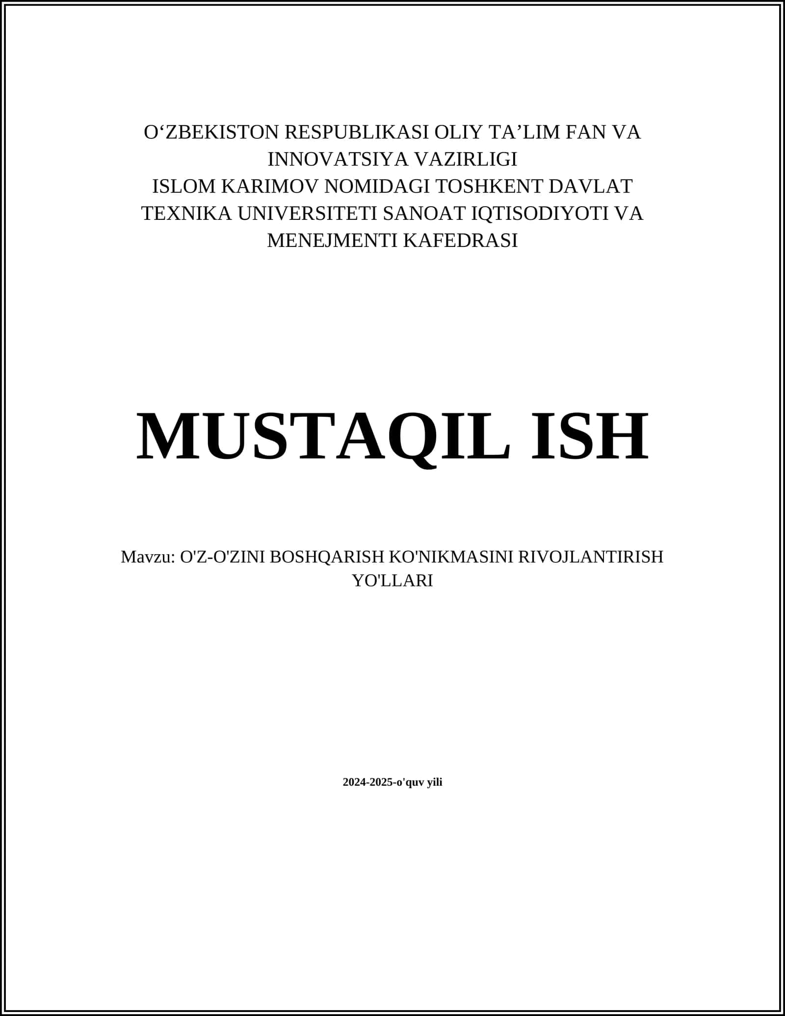 O'Z-O'ZINI BOSHQARISH KO'NIKMASINI RIVOJLANTIRISH YO'LLARI