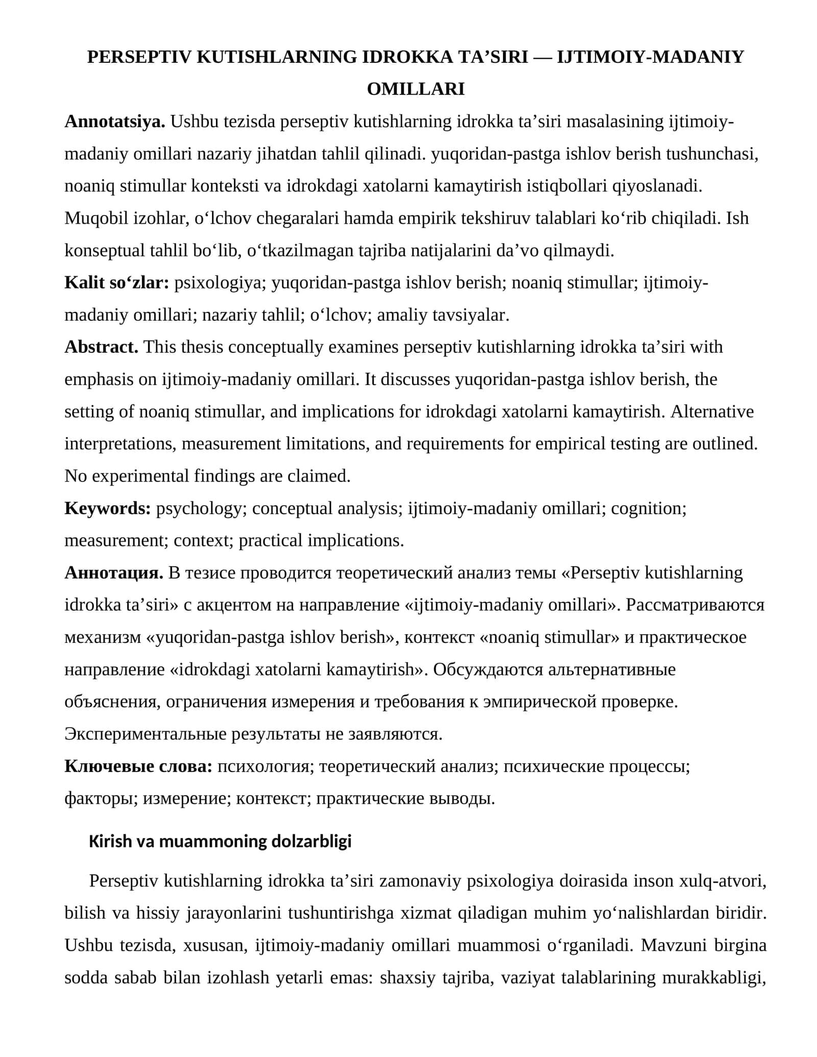 PERSEPTIV KUTISHLARNING IDROKKA TA’SIRI