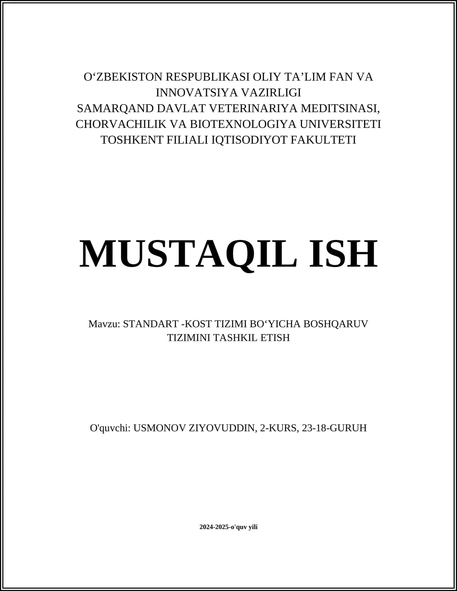 STANDART -KOST TIZIMI BOʻYICHA BOSHQARUV TIZIMINI TASHKIL ETISH
