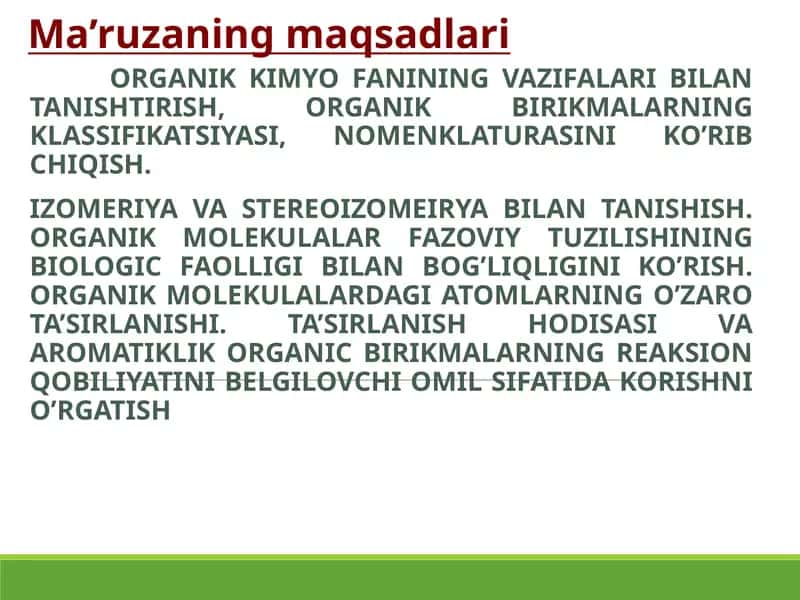 ORGANIK KIMYO FANINING VAZIFALARI