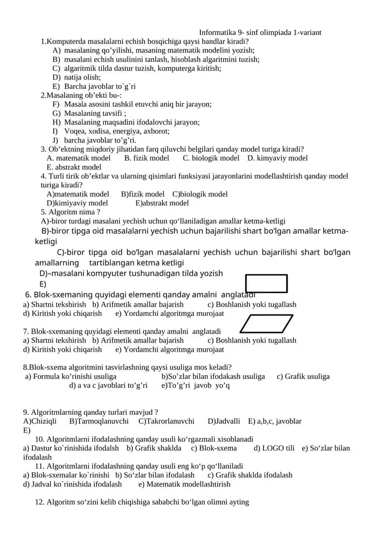 Informatika 9- sinf olimpiada 1-variant