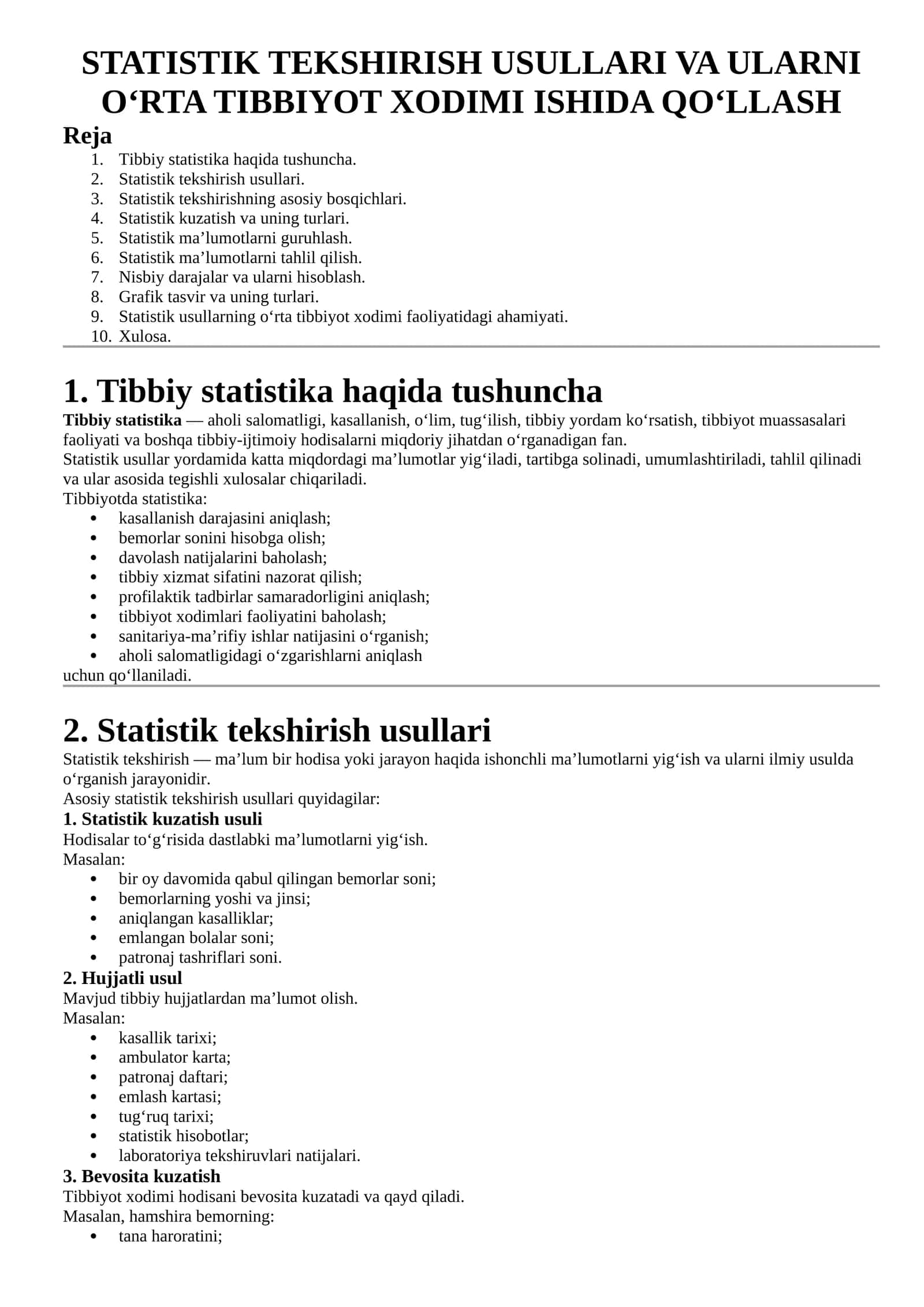 STATISTIK TEKSHIRISH USULLARI VA ULARNI O‘RTA TIBBIYOT XODIMI ISHIDA QO‘LLASH