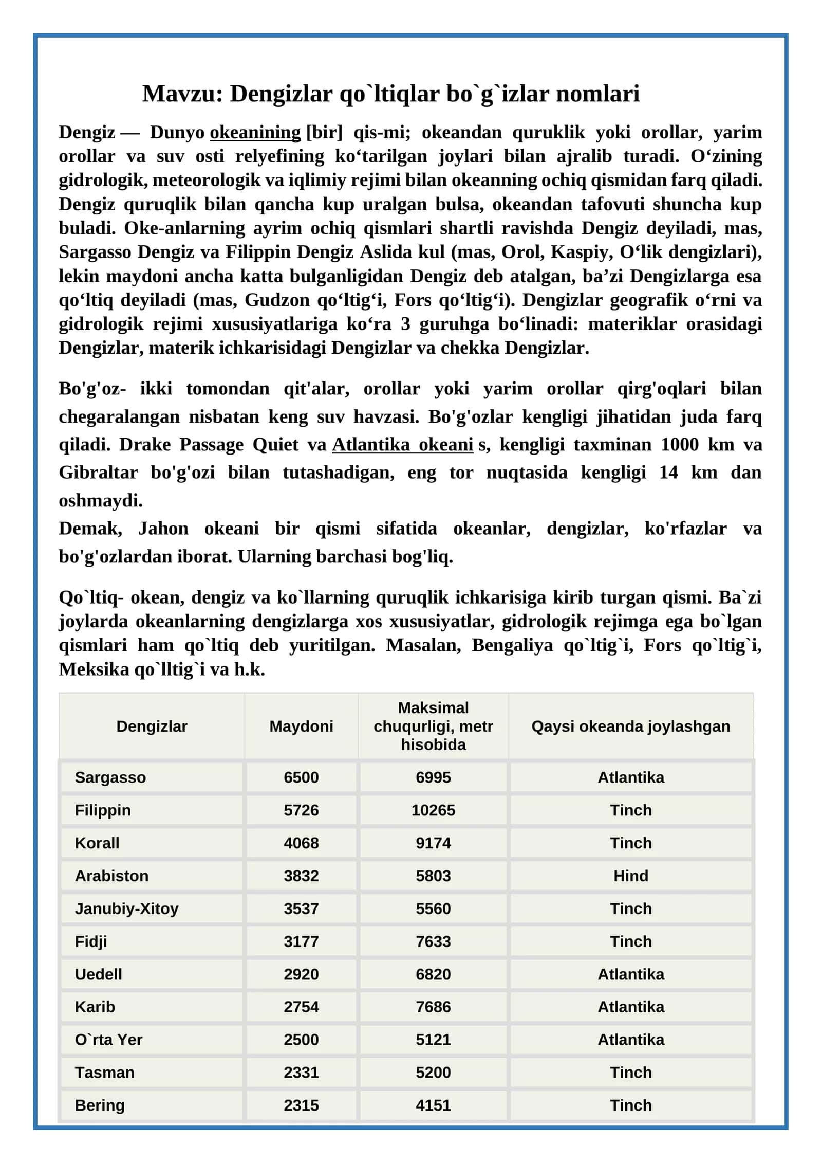 Dengizlar qo`ltiqlar bo`g`izlar nomlari