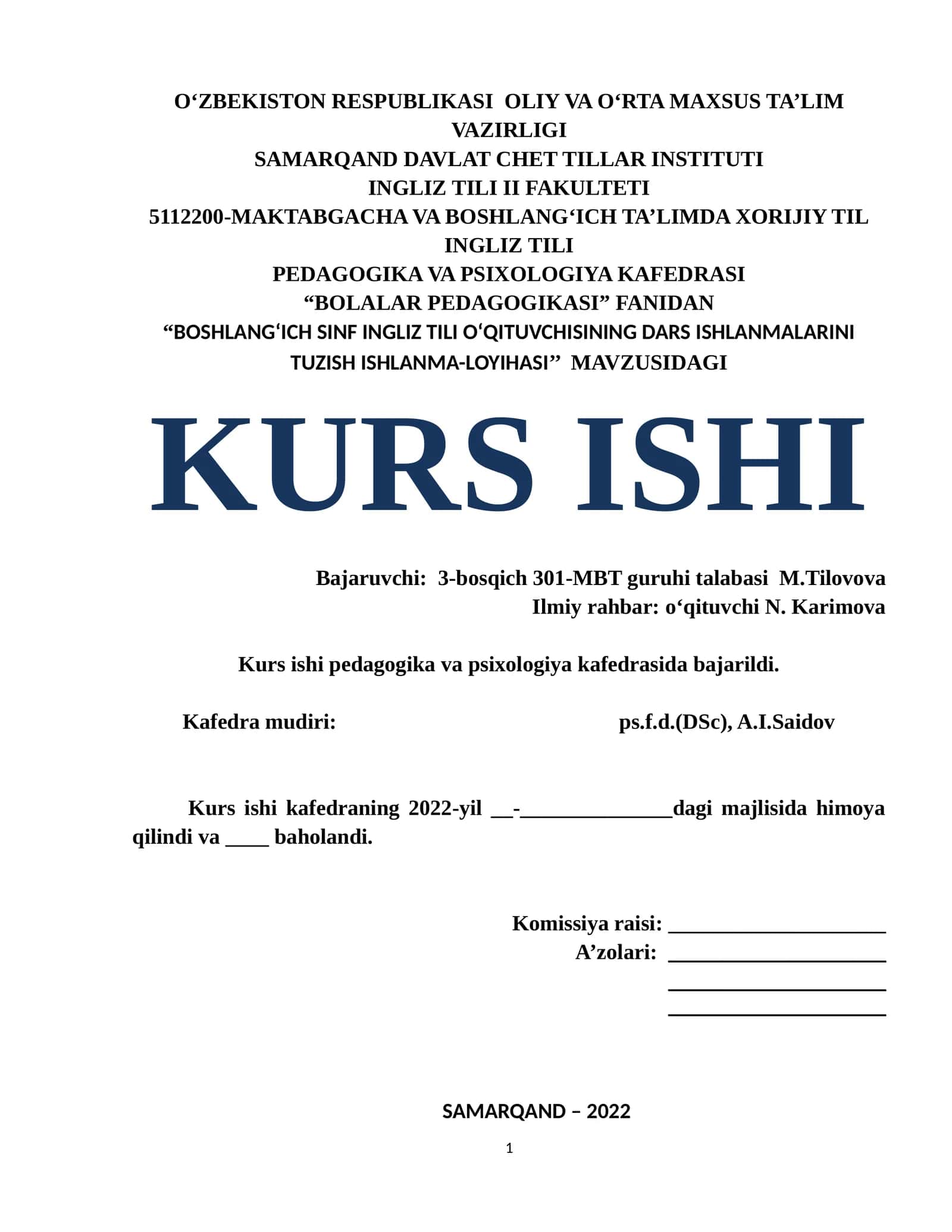“BOSHLANGʻICH SINF INGLIZ TILI OʻQITUVCHISINING DARS ISHLANMALARINI TUZISH ISHLANMA-LOYIHASI’’